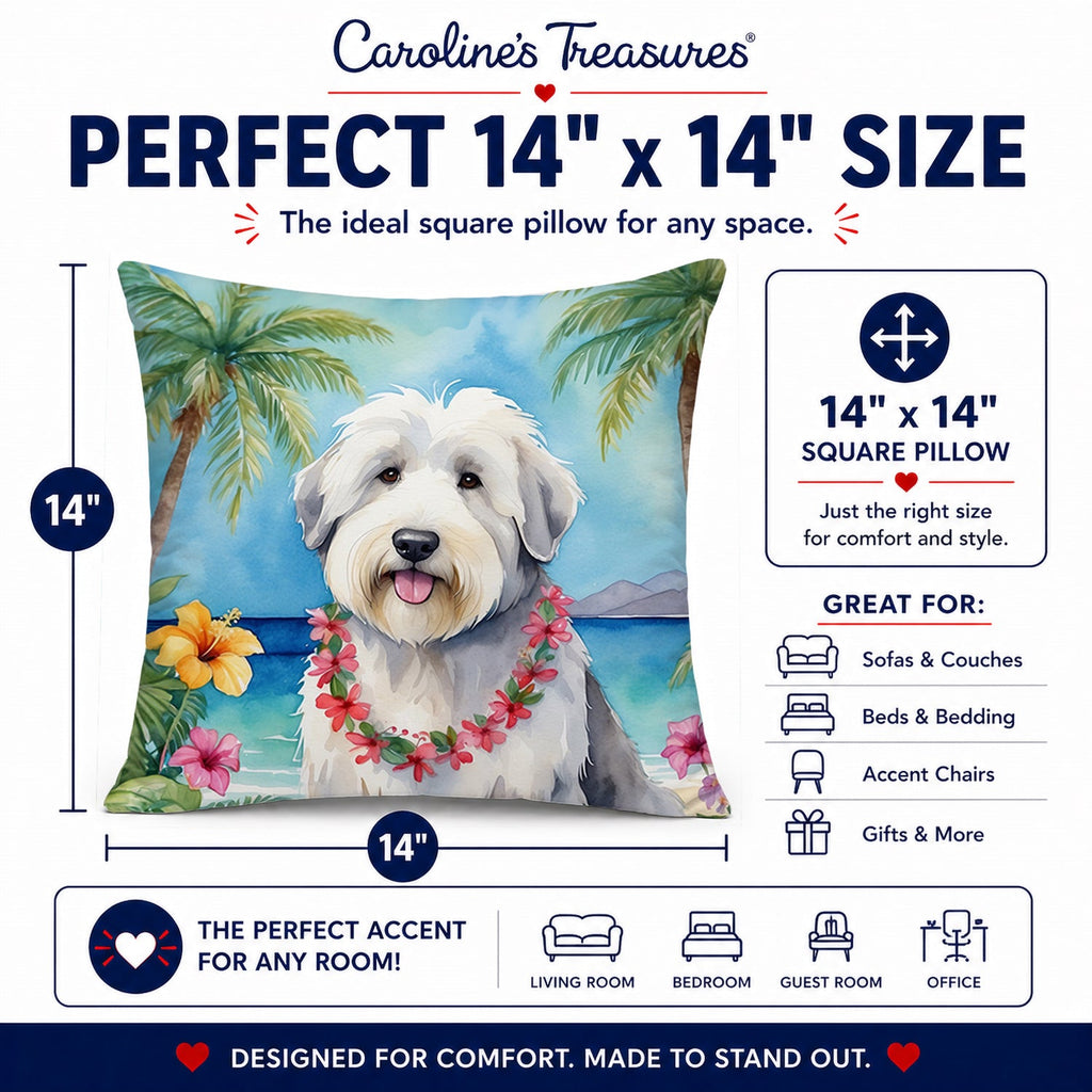 Old English Sheepdog Luau Decorative Throw Pillow 14x14 Indoor Outdoor Accent Cushion, Fabric Cover with Insert for Sofa, Bed, Porch & Living Room