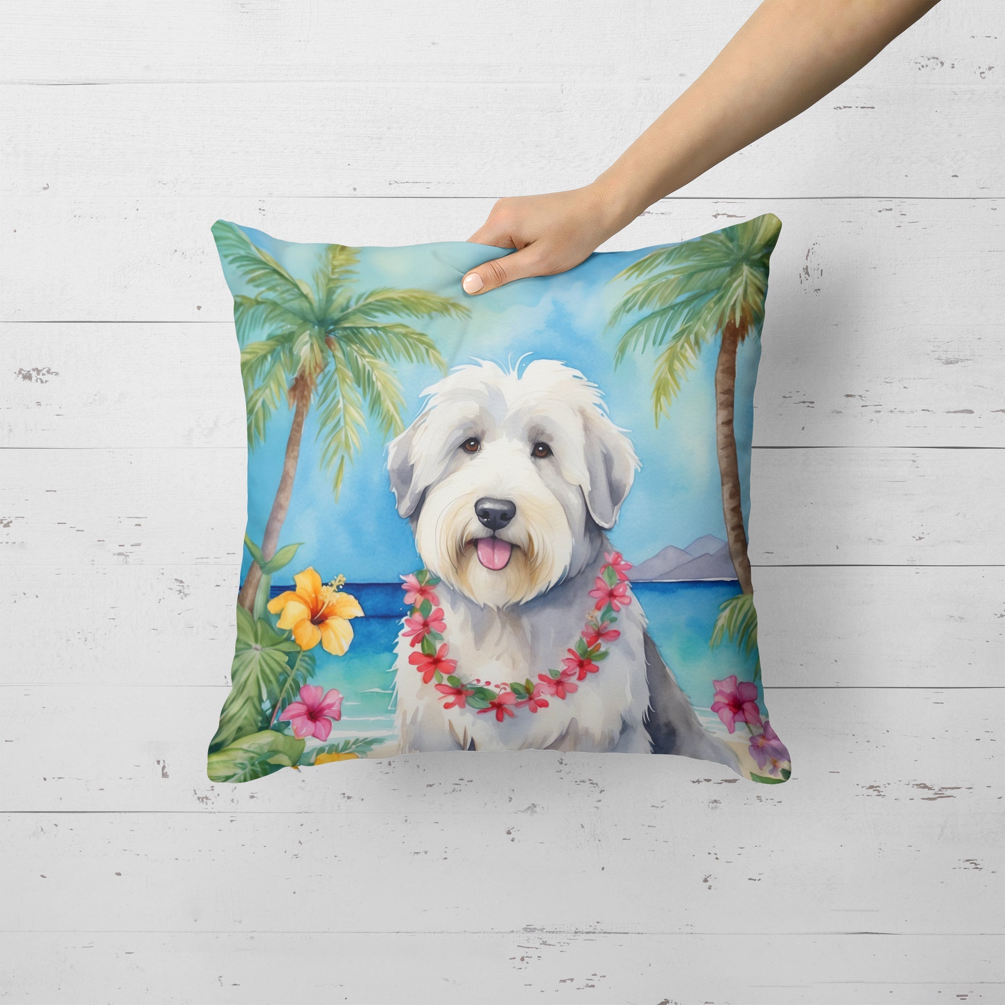 Old English Sheepdog Luau Decorative Throw Pillow 18x18 Indoor Outdoor Accent Cushion, Fabric Cover with Insert for Sofa, Bed, Porch & Living Room