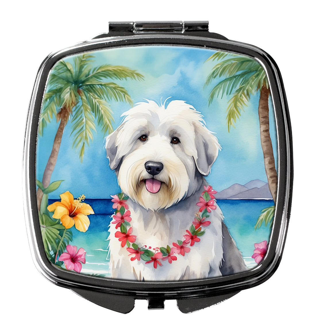 Old English Sheepdog Luau Compact Mirror Decorative Travel Makeup Mirror for Women Girls Gifts Pocket Makeup Mirror Folding Handheld