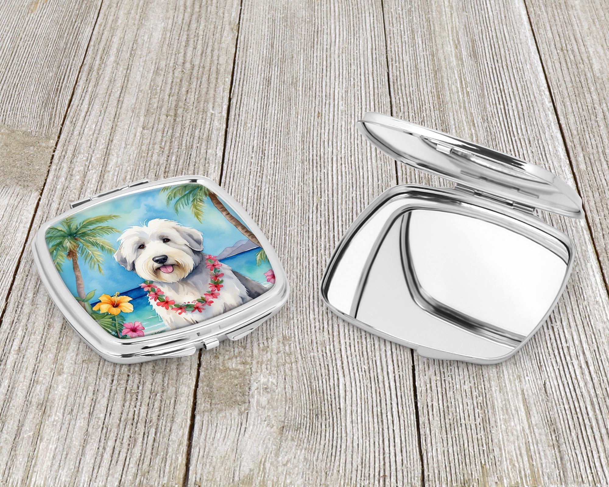 Old English Sheepdog Luau Compact Mirror Decorative Travel Makeup Mirror for Women Girls Gifts Pocket Makeup Mirror Folding Handheld