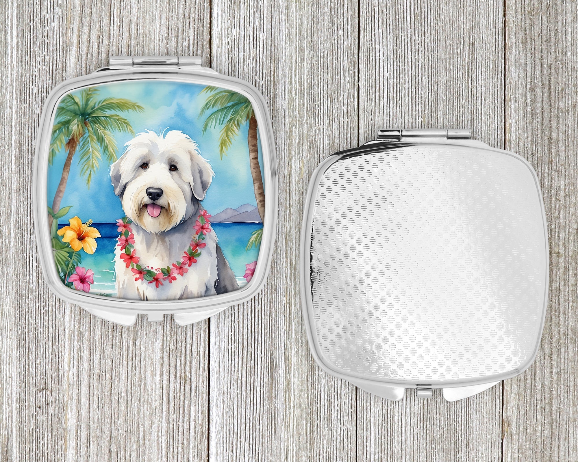 Old English Sheepdog Luau Compact Mirror Decorative Travel Makeup Mirror for Women Girls Gifts Pocket Makeup Mirror Folding Handheld