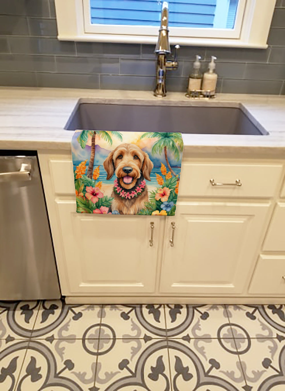 Otterhound Luau Kitchen Towel Velour Plush Front and Cotton Loop Back Machine Washable