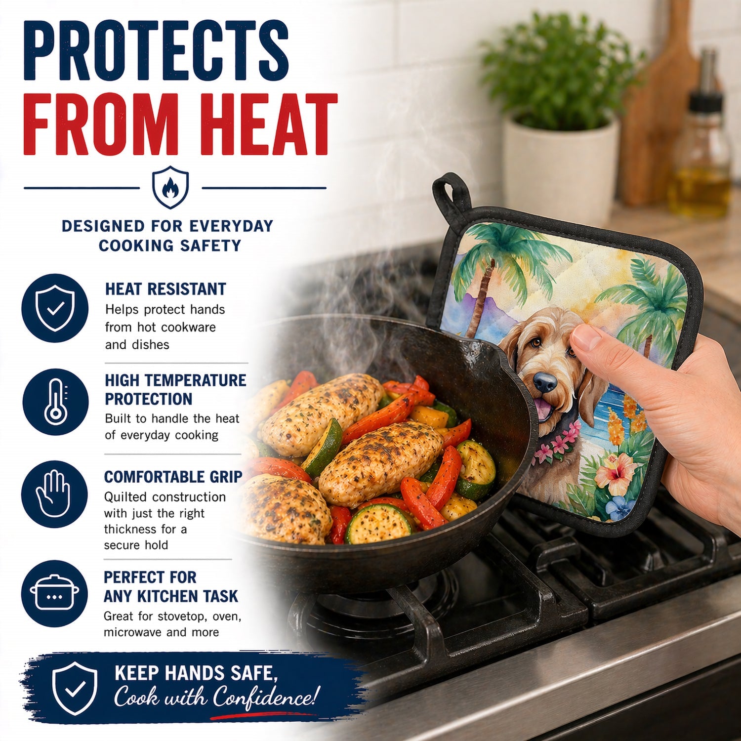 Otterhound Luau Pot Holder Set of 2 Heat Resistant Quilted Hot Pads 7.5 x 7.5 Inch, Insulated Kitchen Trivets for Cooking & Baking