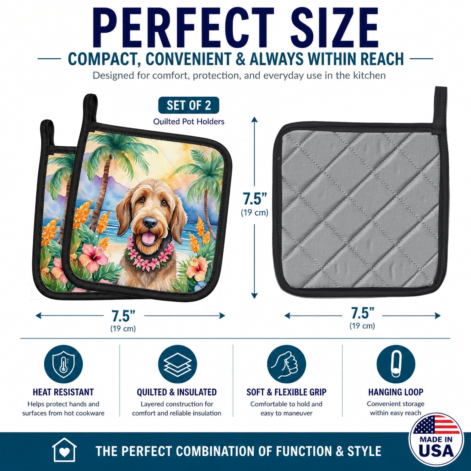 Otterhound Luau Pot Holder Set of 2 Heat Resistant Quilted Hot Pads 7.5 x 7.5 Inch, Insulated Kitchen Trivets for Cooking & Baking