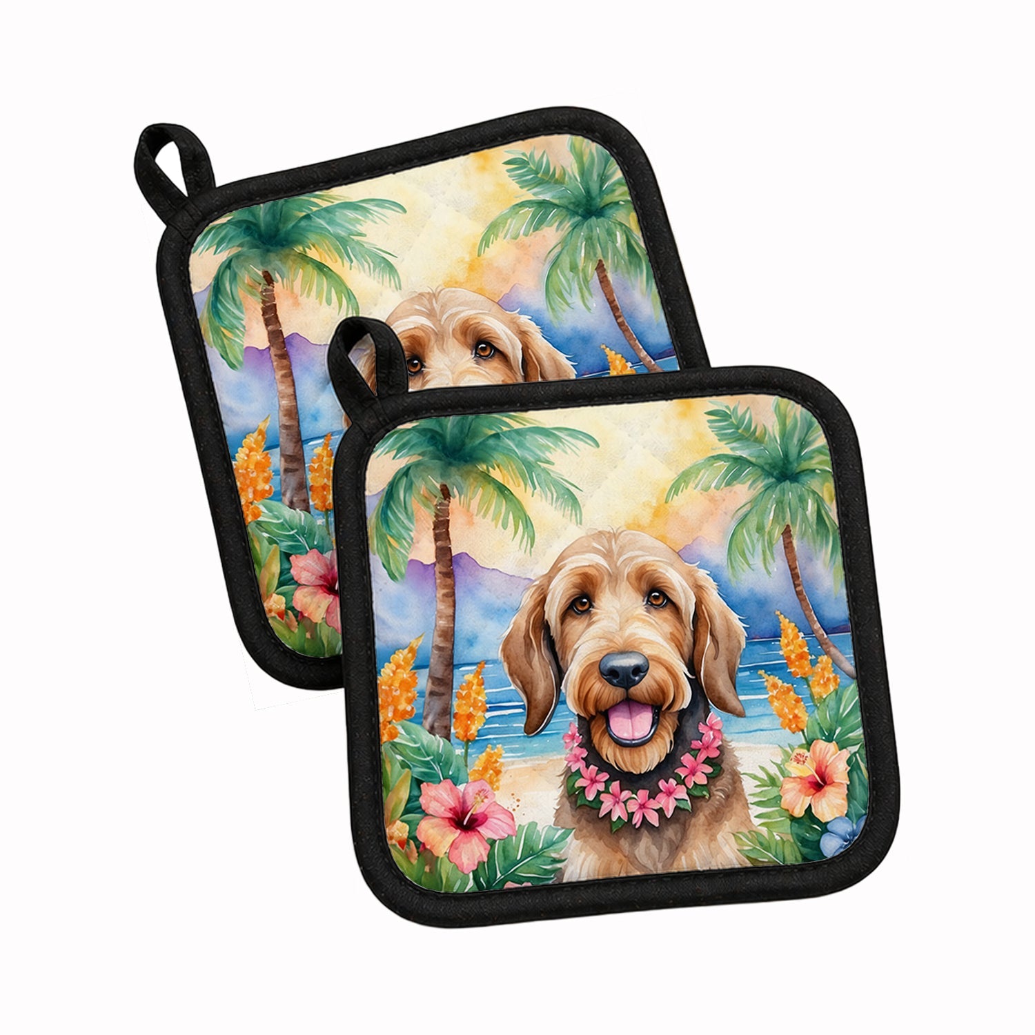 Otterhound Luau Pot Holder Set of 2 Heat Resistant Quilted Hot Pads 7.5 x 7.5 Inch, Insulated Kitchen Trivets for Cooking & Baking