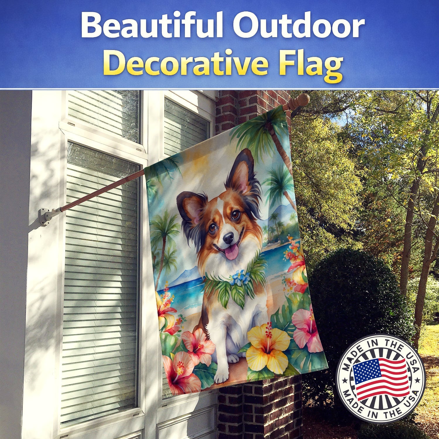 Papillon Luau House Flag 28x40 Porch Sleeve Pole Decorative Outside Yard Banner Artwork Wall Hanging, Polyester