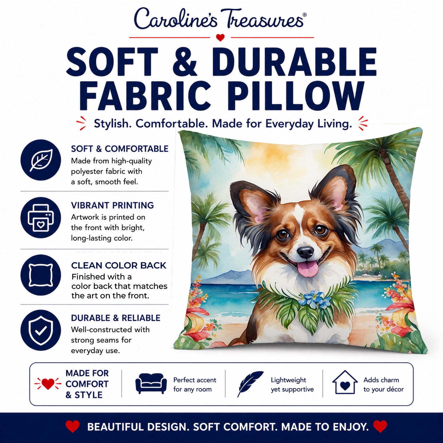 Papillon Luau Decorative Throw Pillow 14x14 Indoor Outdoor Accent Cushion, Fabric Cover with Insert for Sofa, Bed, Porch & Living Room