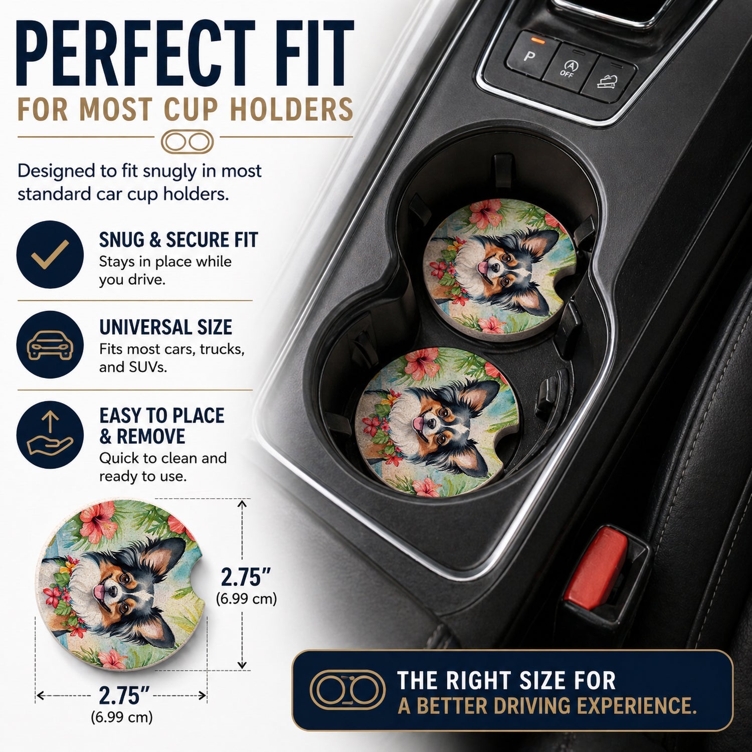 Papillon Luau Set of 2 Cup Holder Car Coasters Absorbent Round Sandstone Coasters Gifts for Men or Women, 2.5, Multicolor
