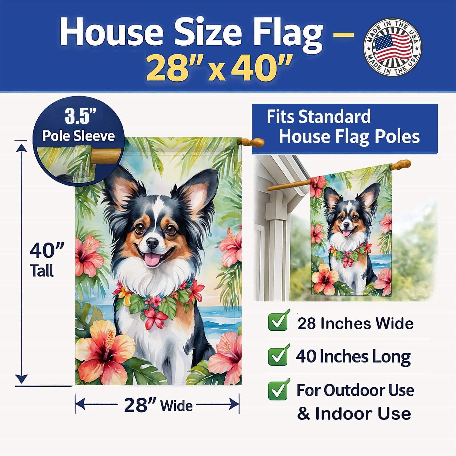 Papillon Luau House Flag 28x40 Porch Sleeve Pole Decorative Outside Yard Banner Artwork Wall Hanging, Polyester