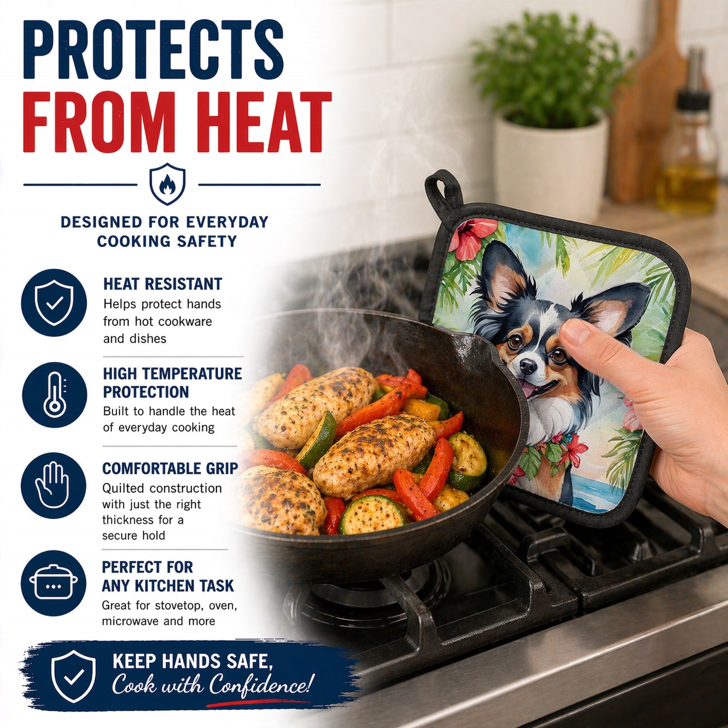 Papillon Luau Pot Holder Set of 2 Heat Resistant Quilted Hot Pads 7.5 x 7.5 Inch, Insulated Kitchen Trivets for Cooking & Baking