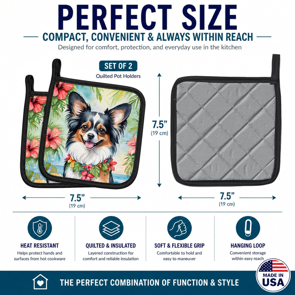 Papillon Luau Pot Holder Set of 2 Heat Resistant Quilted Hot Pads 7.5 x 7.5 Inch, Insulated Kitchen Trivets for Cooking & Baking