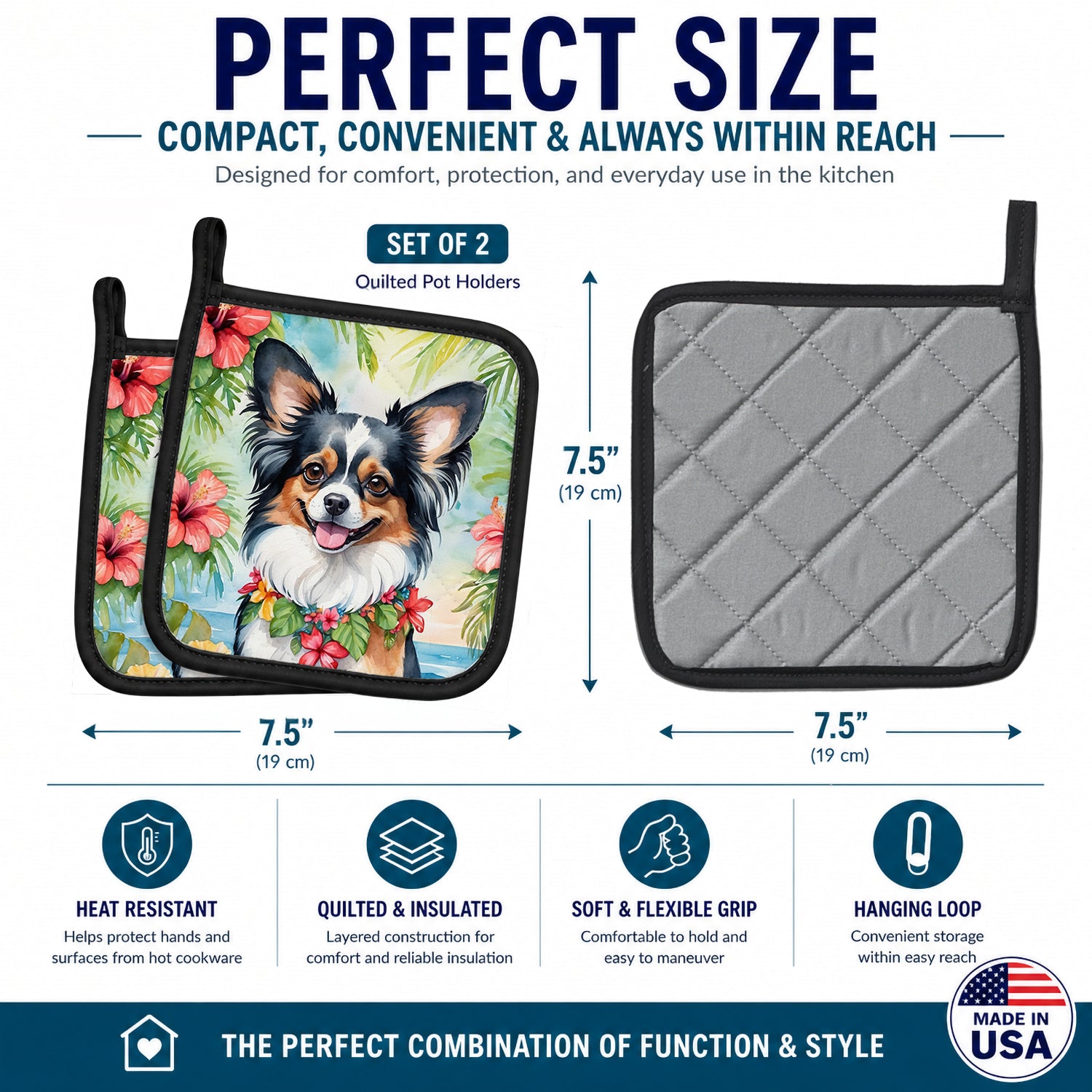 Papillon Luau Pot Holder Set of 2 Heat Resistant Quilted Hot Pads 7.5 x 7.5 Inch, Insulated Kitchen Trivets for Cooking & Baking