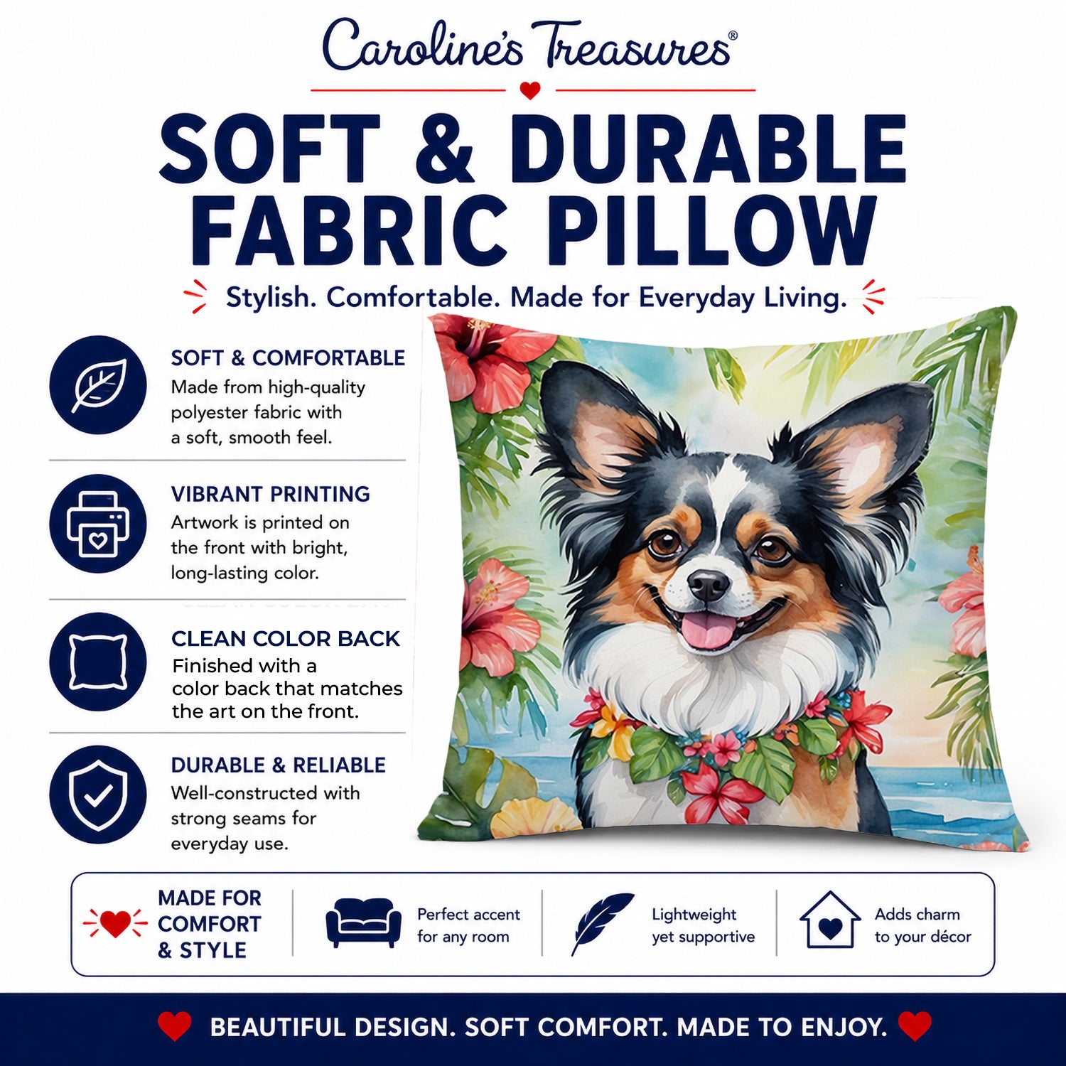 Papillon Luau Decorative Throw Pillow 14x14 Indoor Outdoor Accent Cushion, Fabric Cover with Insert for Sofa, Bed, Porch & Living Room