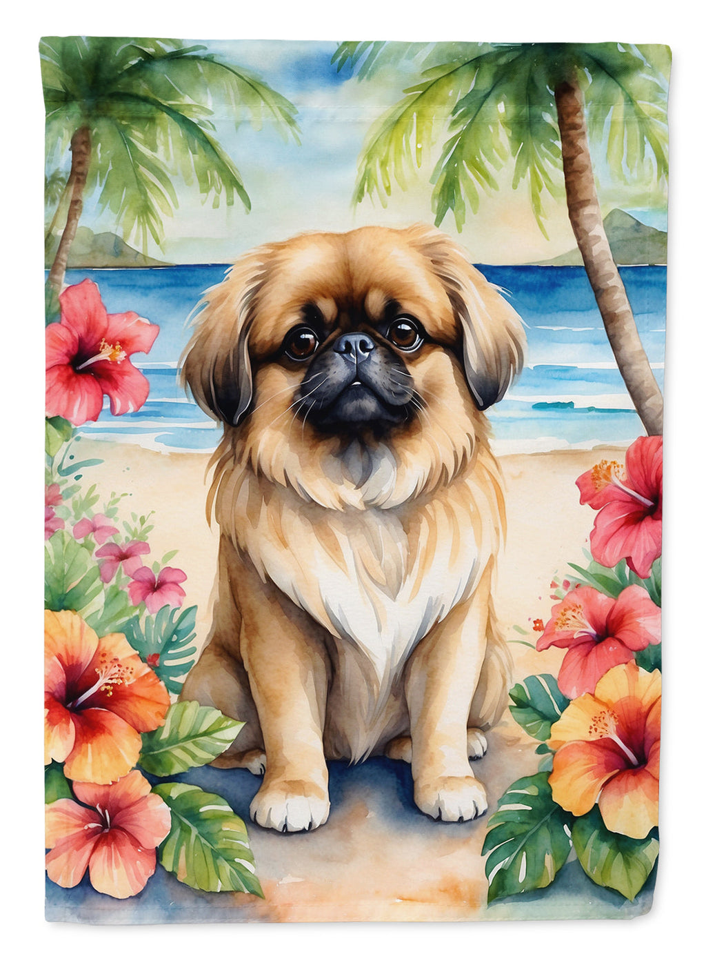 Pekingese Luau House Flag 28x40 Porch Sleeve Pole Decorative Outside Yard Banner Artwork Wall Hanging, Polyester