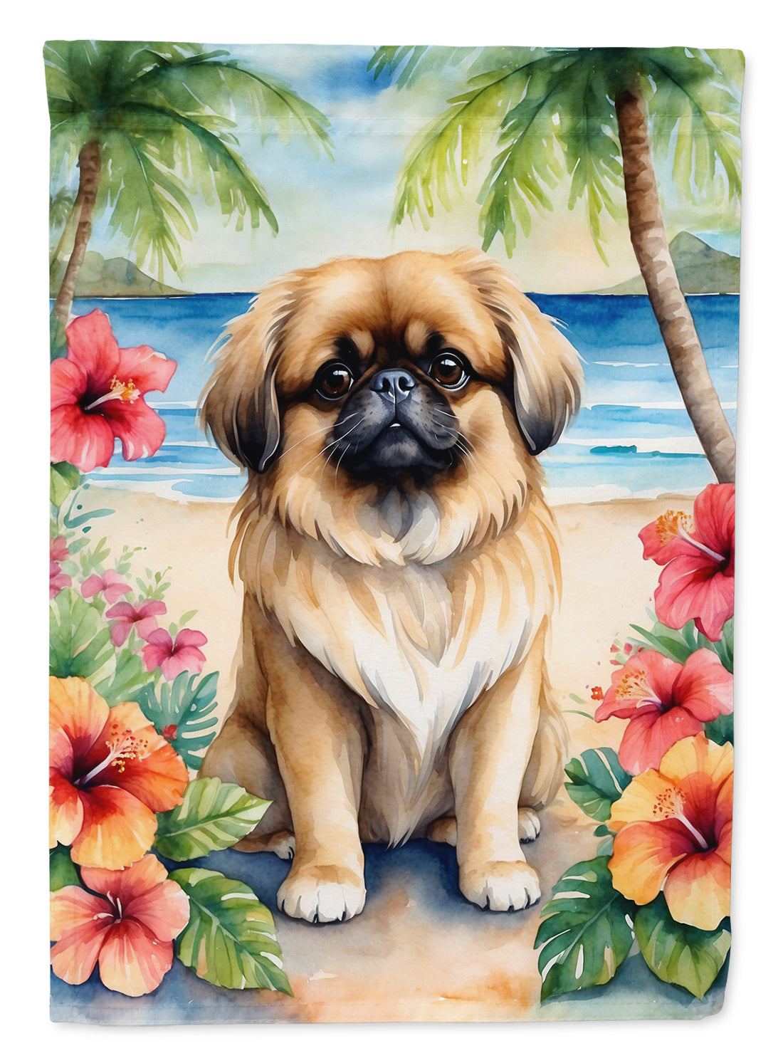 Pekingese Luau House Flag 28x40 Porch Sleeve Pole Decorative Outside Yard Banner Artwork Wall Hanging, Polyester