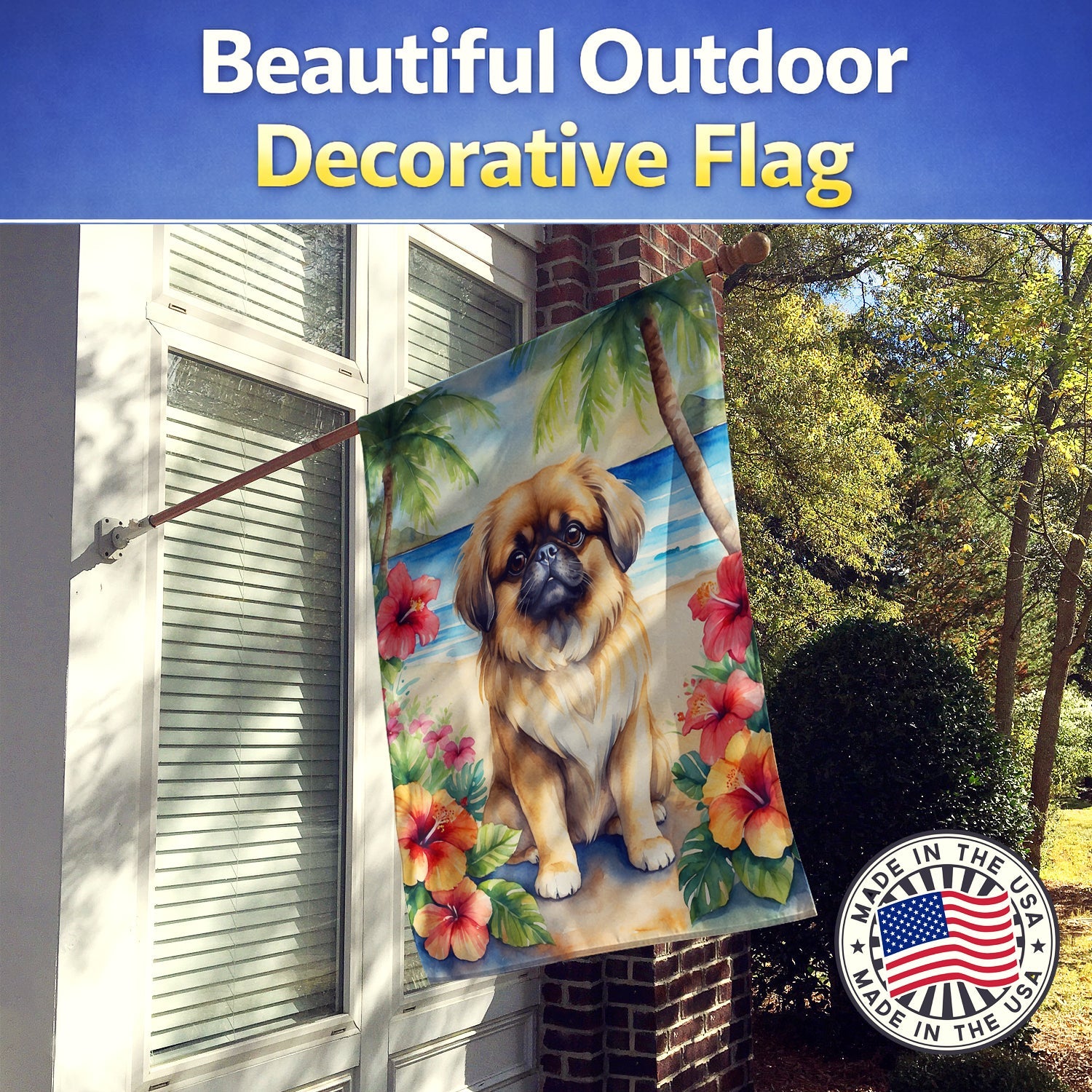Pekingese Luau House Flag 28x40 Porch Sleeve Pole Decorative Outside Yard Banner Artwork Wall Hanging, Polyester