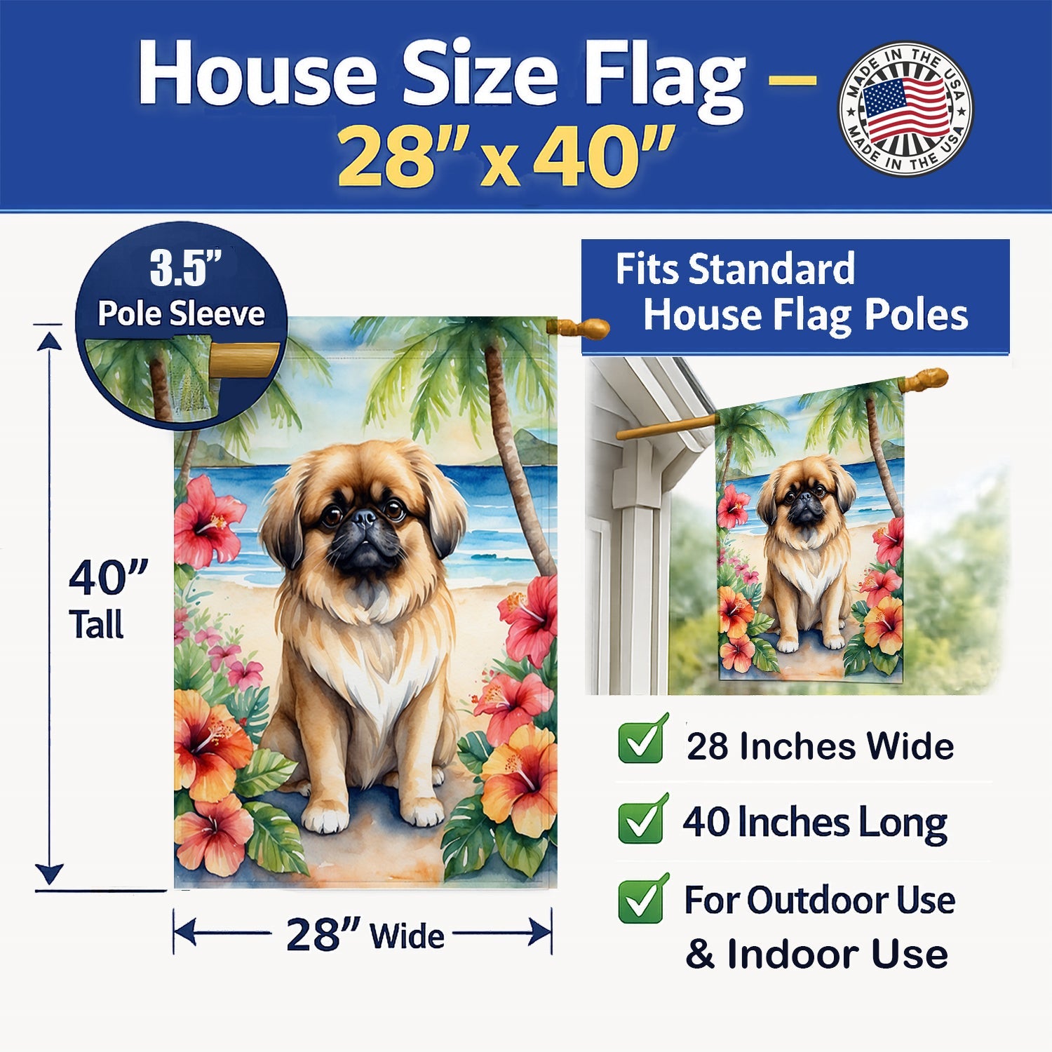 Pekingese Luau House Flag 28x40 Porch Sleeve Pole Decorative Outside Yard Banner Artwork Wall Hanging, Polyester