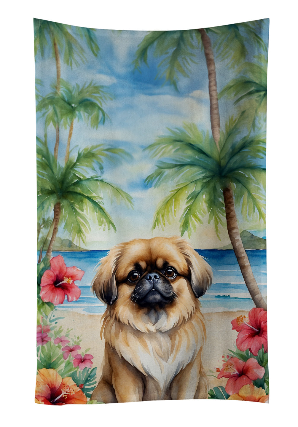 Pekingese Luau Kitchen Towel Velour Plush Front and Cotton Loop Back Machine Washable