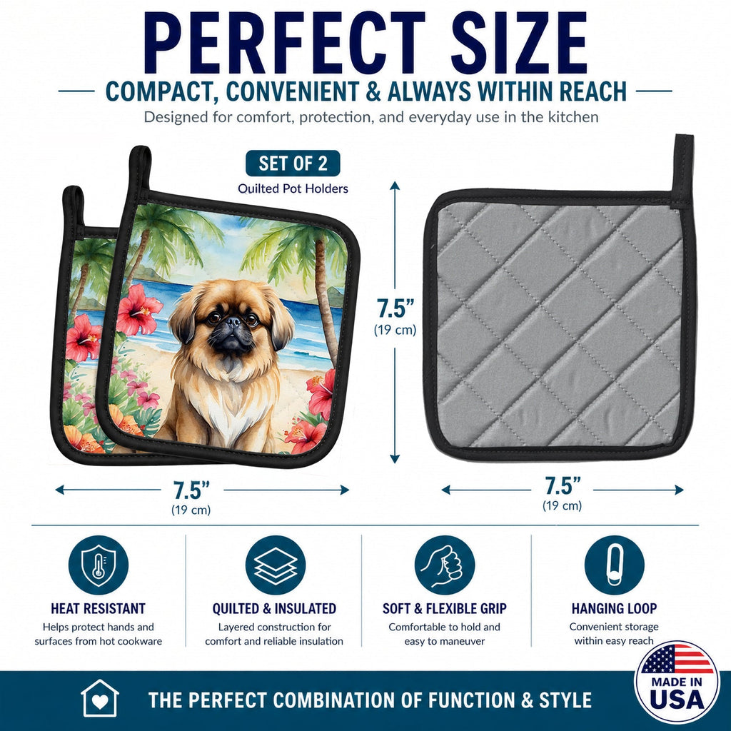 Pekingese Luau Pot Holder Set of 2 Heat Resistant Quilted Hot Pads 7.5 x 7.5 Inch, Insulated Kitchen Trivets for Cooking & Baking