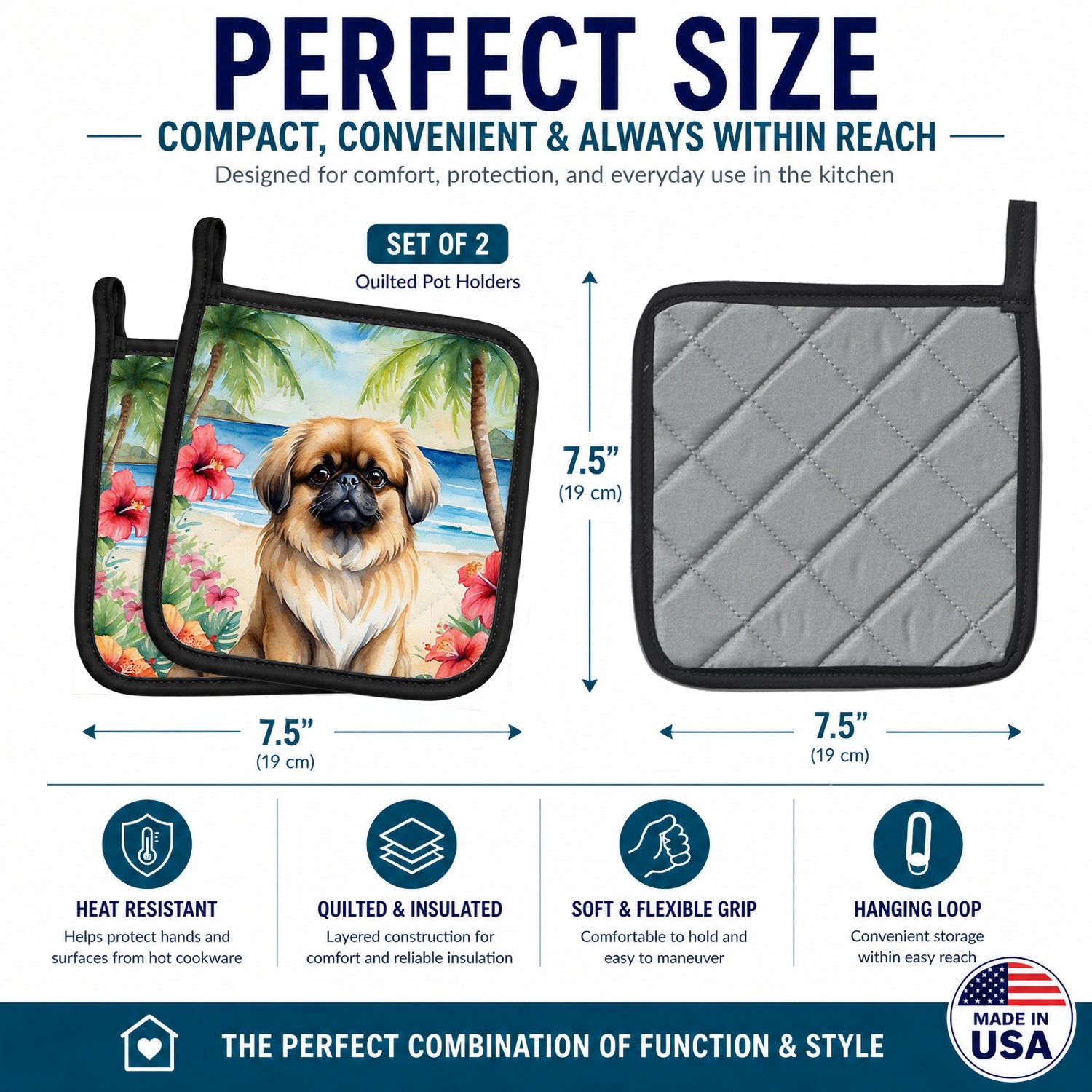 Pekingese Luau Pot Holder Set of 2 Heat Resistant Quilted Hot Pads 7.5 x 7.5 Inch, Insulated Kitchen Trivets for Cooking & Baking