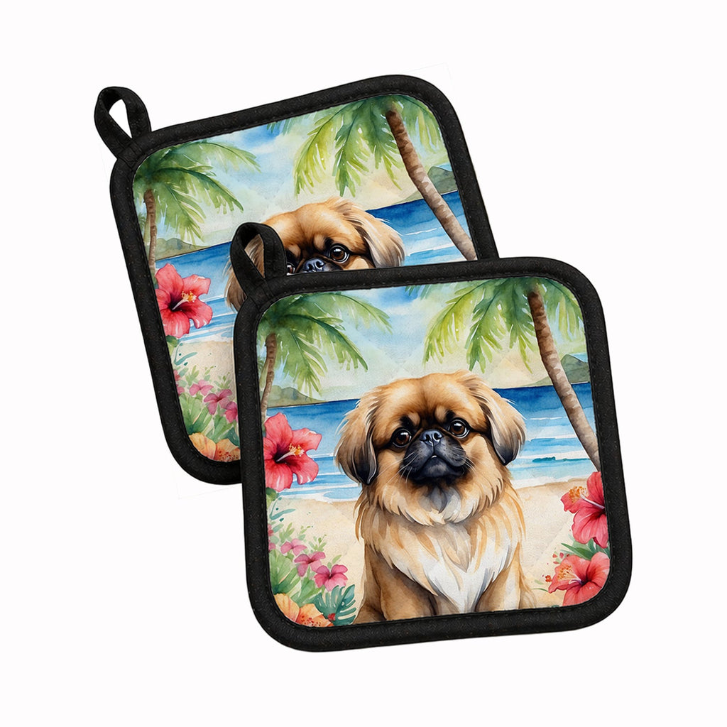 Pekingese Luau Pot Holder Set of 2 Heat Resistant Quilted Hot Pads 7.5 x 7.5 Inch, Insulated Kitchen Trivets for Cooking & Baking