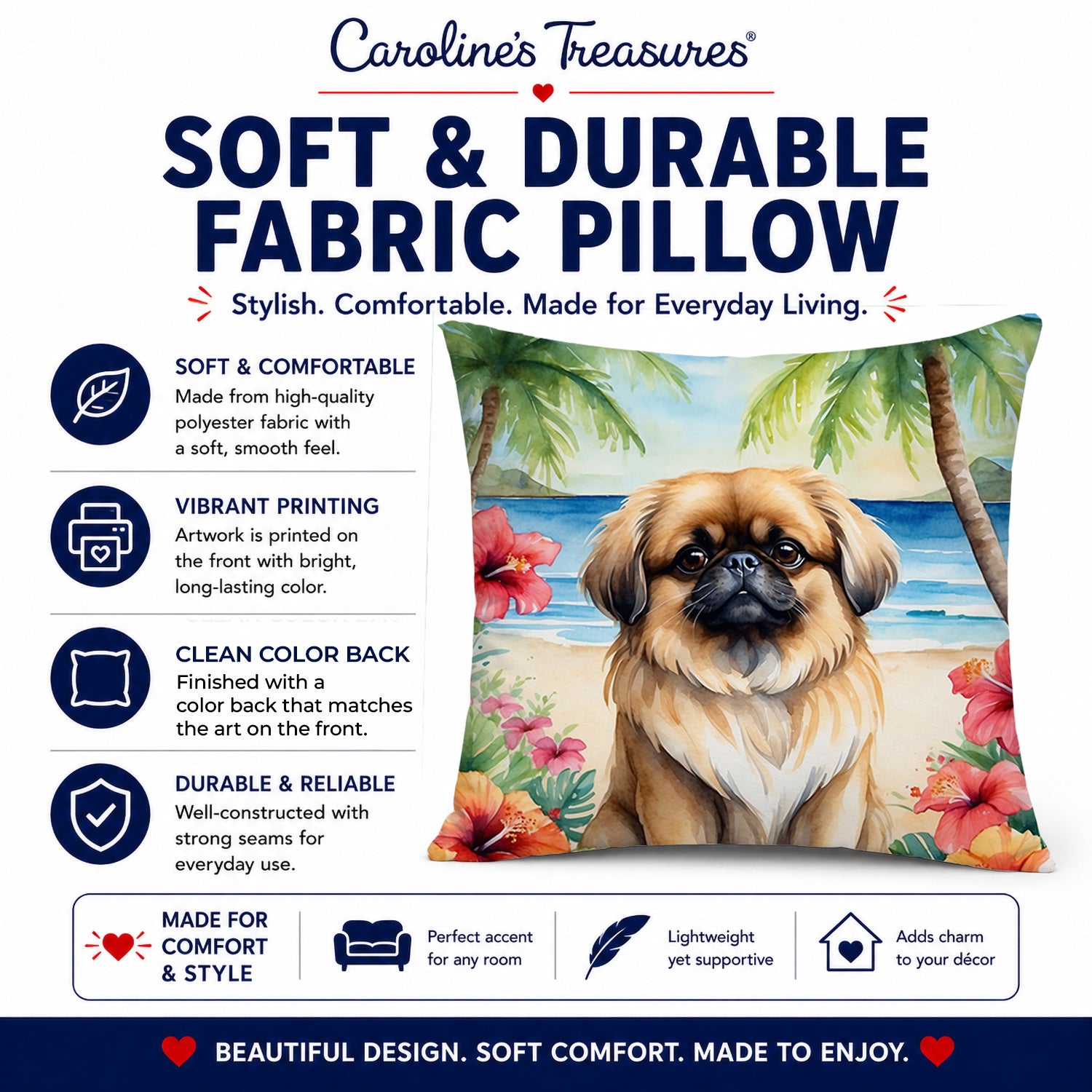 Pekingese Luau Decorative Throw Pillow 14x14 Indoor Outdoor Accent Cushion, Fabric Cover with Insert for Sofa, Bed, Porch & Living Room