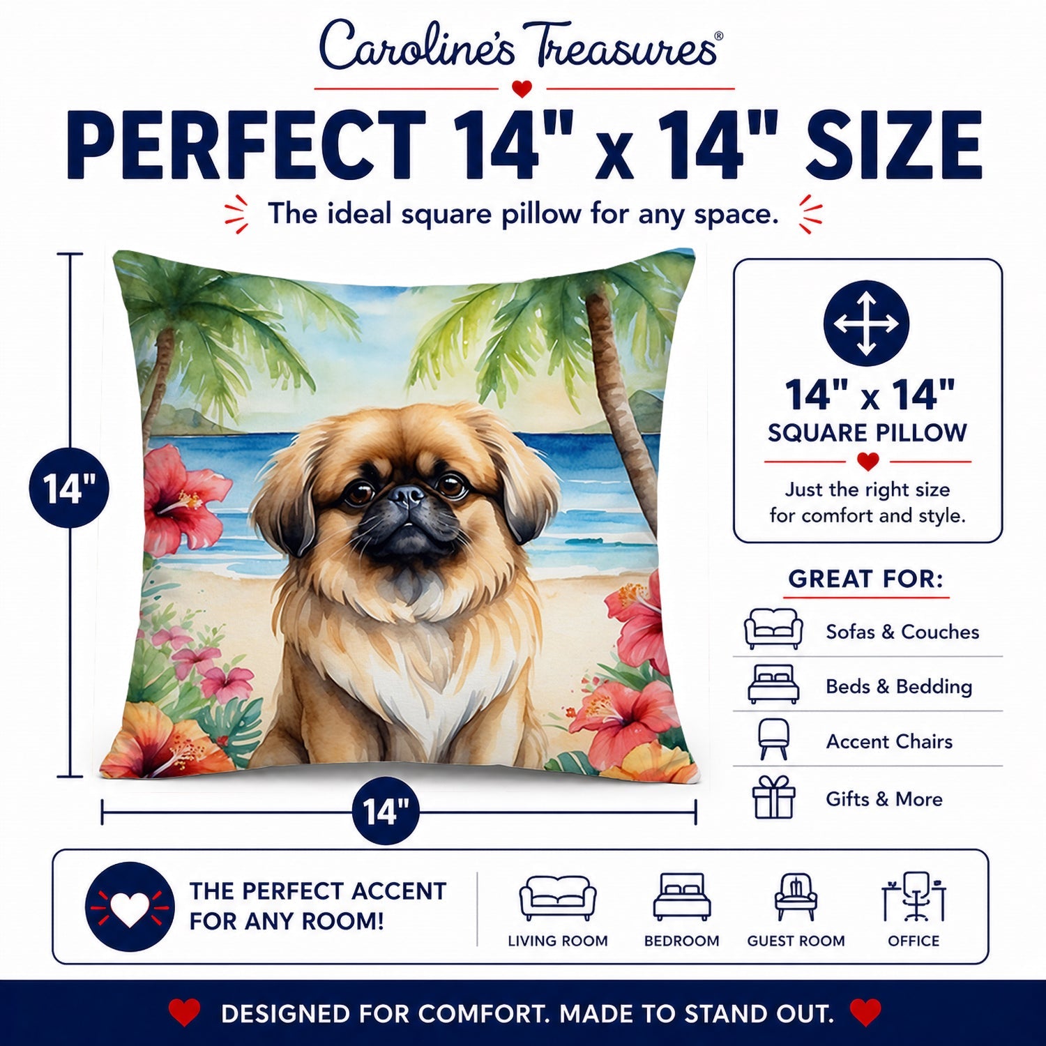 Pekingese Luau Decorative Throw Pillow 14x14 Indoor Outdoor Accent Cushion, Fabric Cover with Insert for Sofa, Bed, Porch & Living Room