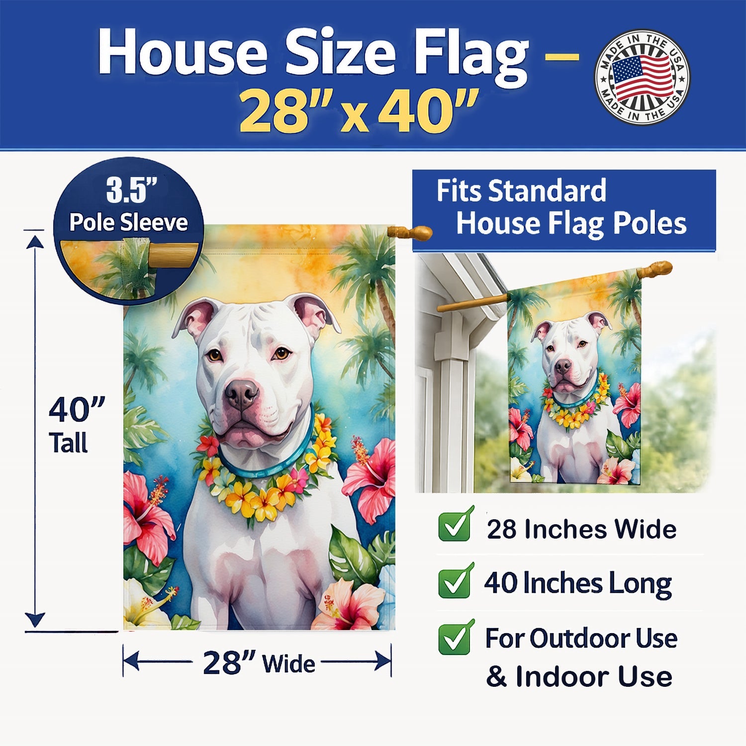 Pit Bull Terrier Luau House Flag 28x40 Porch Sleeve Pole Decorative Outside Yard Banner Artwork Wall Hanging, Polyester