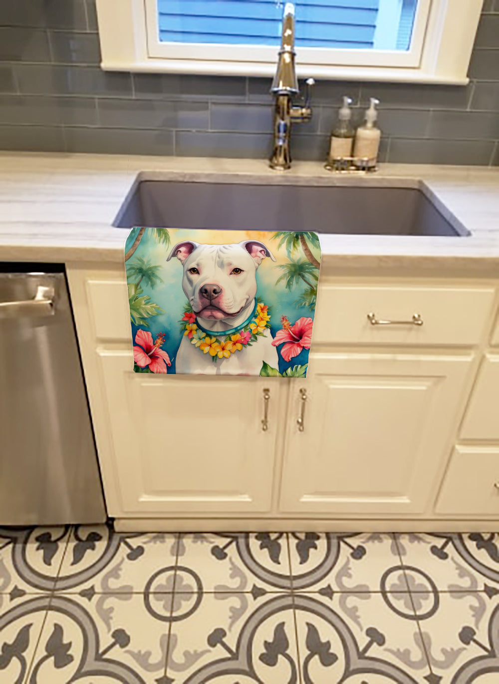 Pit Bull Terrier Luau Kitchen Towel Velour Plush Front and Cotton Loop Back Machine Washable