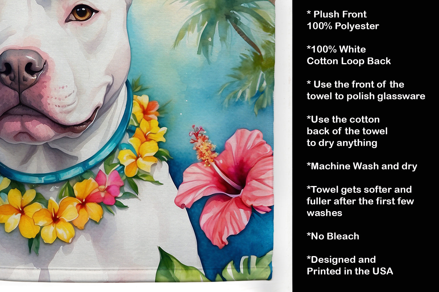 Pit Bull Terrier Luau Kitchen Towel Velour Plush Front and Cotton Loop Back Machine Washable