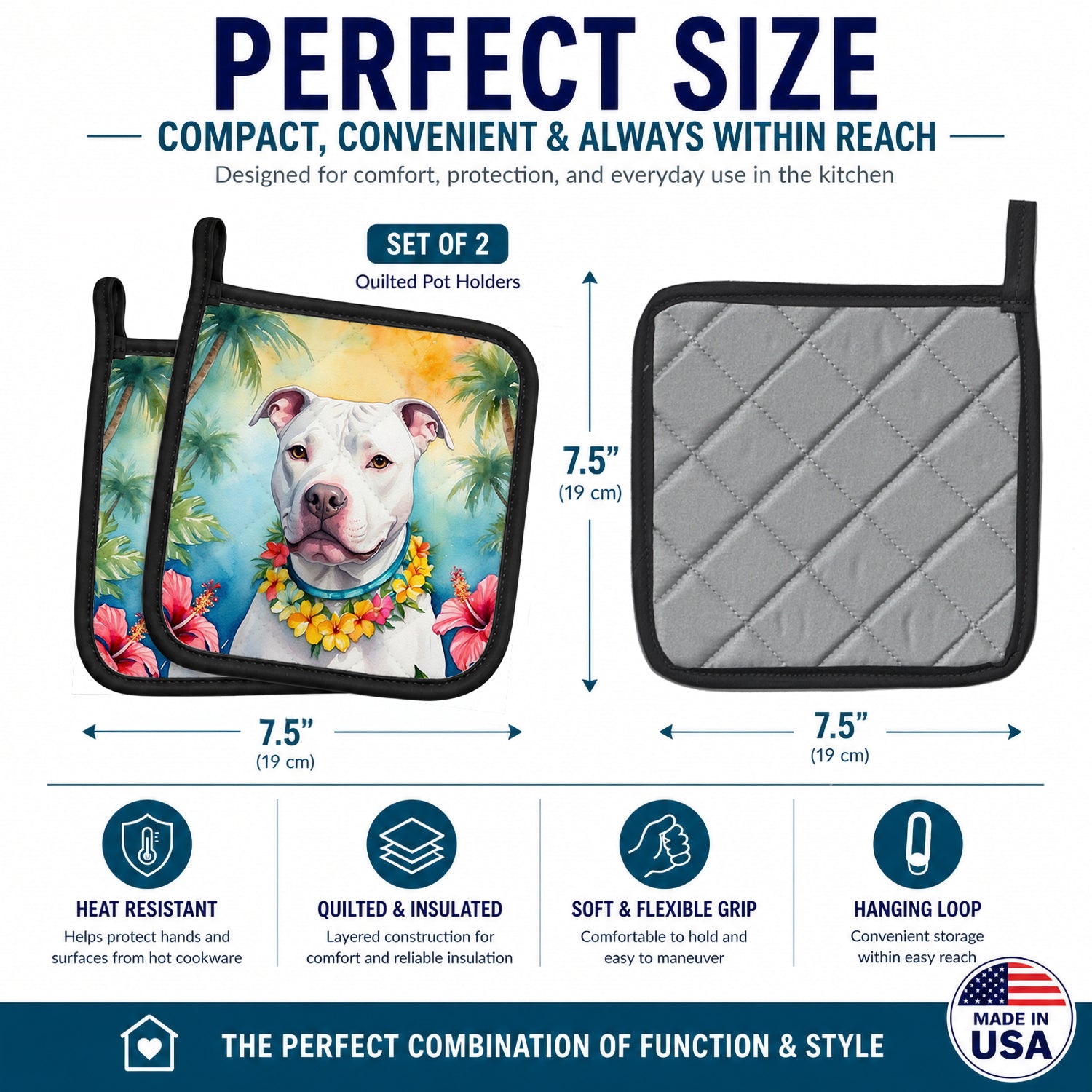 Pit Bull Terrier Luau Pot Holder Set of 2 Heat Resistant Quilted Hot Pads 7.5 x 7.5 Inch, Insulated Kitchen Trivets for Cooking & Baking