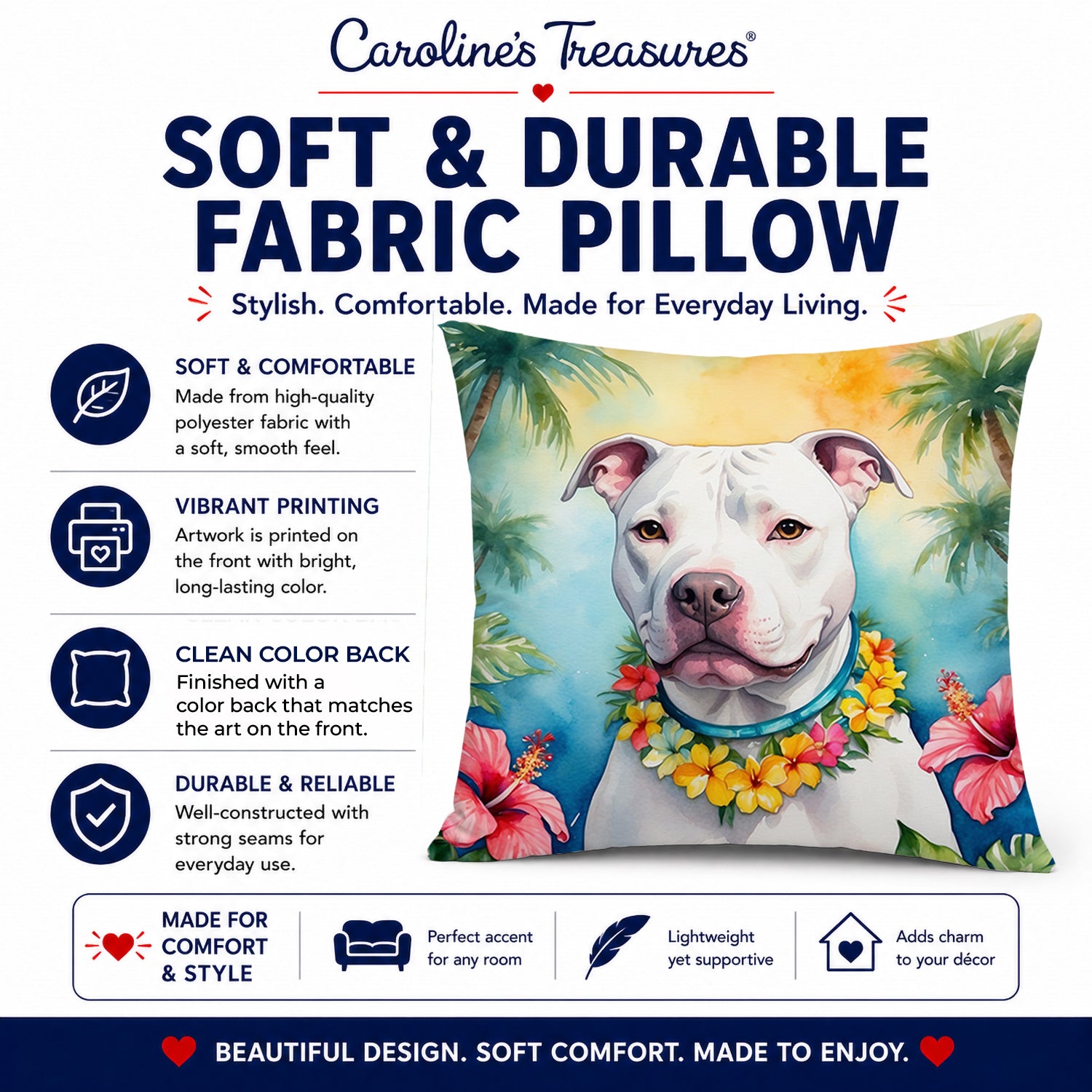 Pit Bull Terrier Luau Decorative Throw Pillow 14x14 Indoor Outdoor Accent Cushion, Fabric Cover with Insert for Sofa, Bed, Porch & Living Room