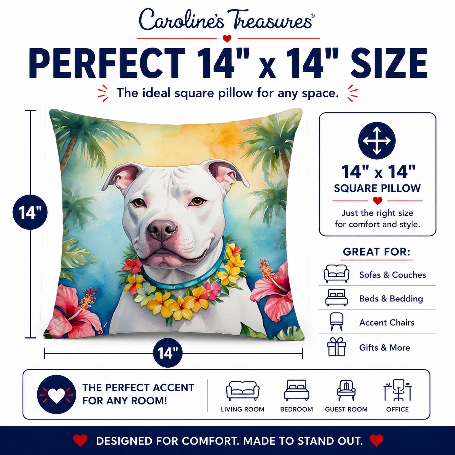 Pit Bull Terrier Luau Decorative Throw Pillow 14x14 Indoor Outdoor Accent Cushion, Fabric Cover with Insert for Sofa, Bed, Porch & Living Room