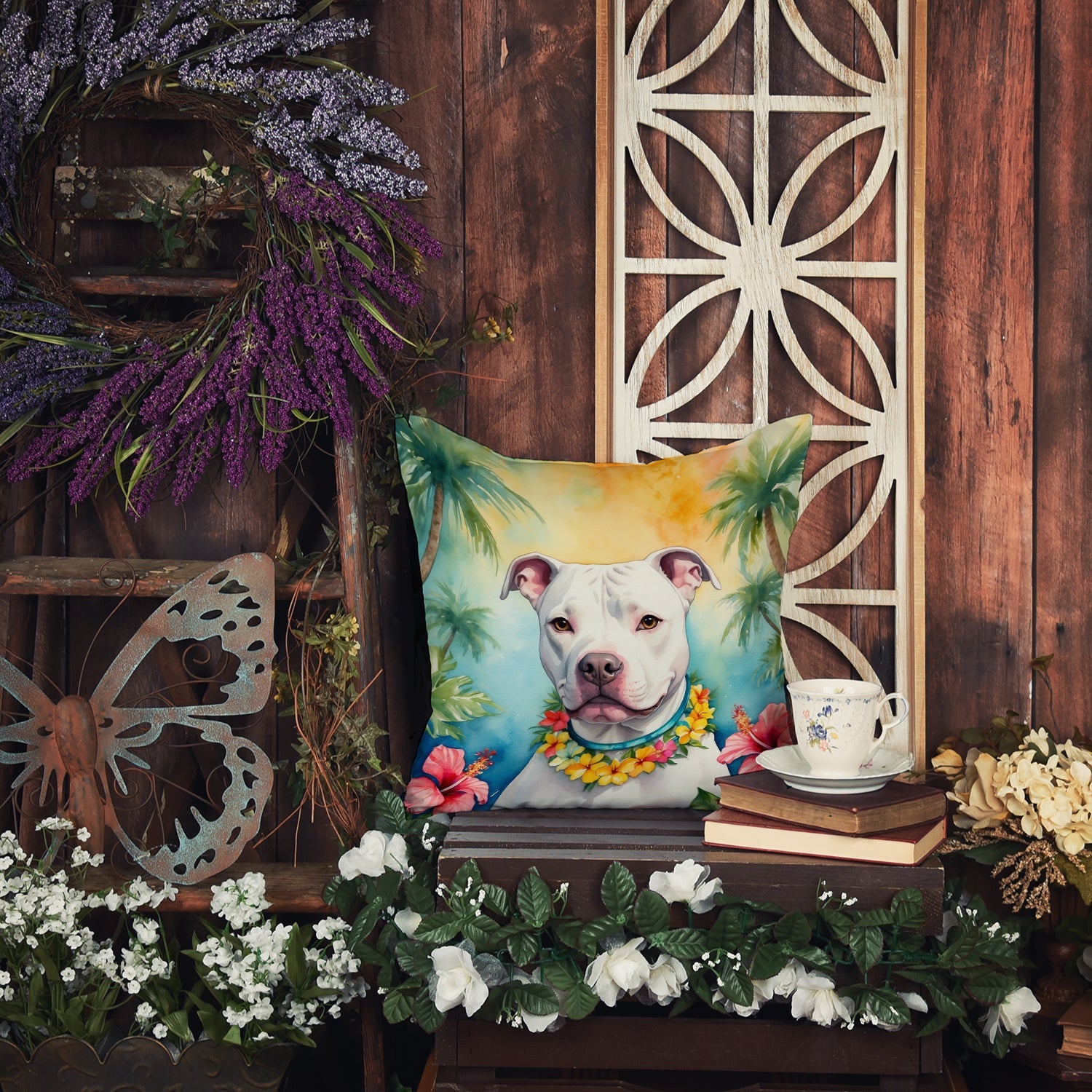 Pit Bull Terrier Luau Decorative Throw Pillow 18x18 Indoor Outdoor Accent Cushion, Fabric Cover with Insert for Sofa, Bed, Porch & Living Room