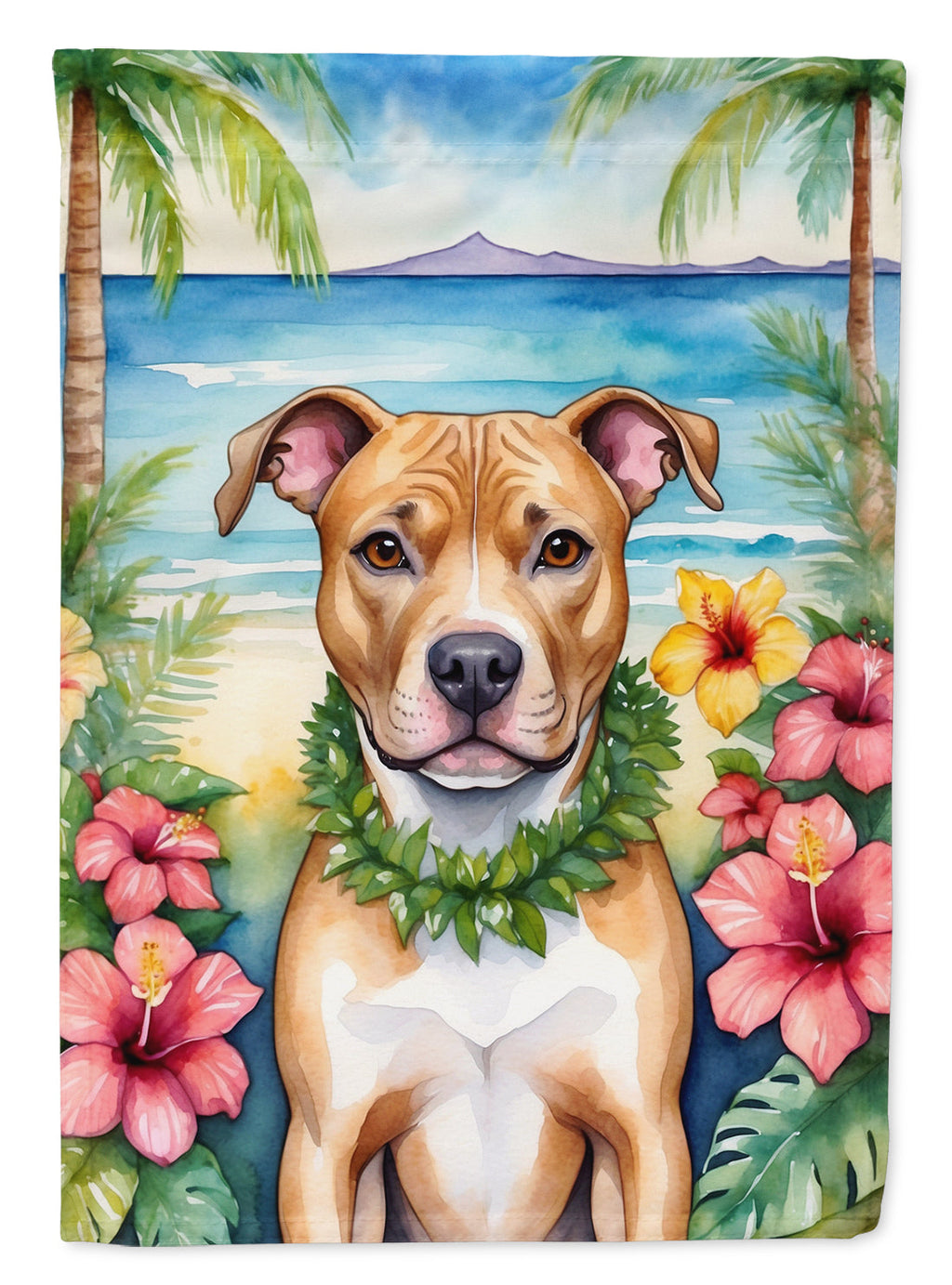Pit Bull Terrier Luau House Flag 28x40 Porch Sleeve Pole Decorative Outside Yard Banner Artwork Wall Hanging, Polyester