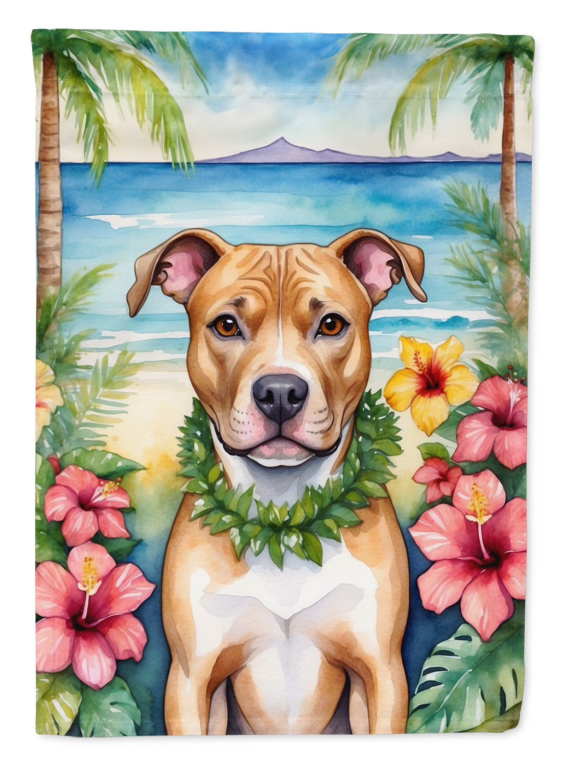 Pit Bull Terrier Luau House Flag 28x40 Porch Sleeve Pole Decorative Outside Yard Banner Artwork Wall Hanging, Polyester