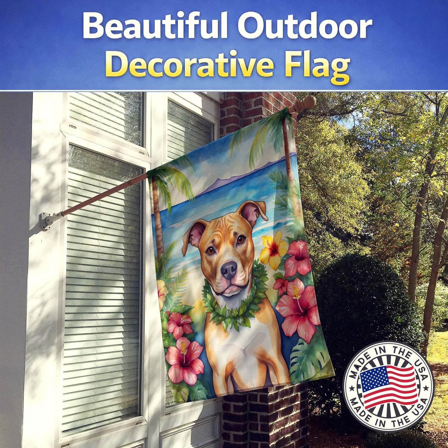 Pit Bull Terrier Luau House Flag 28x40 Porch Sleeve Pole Decorative Outside Yard Banner Artwork Wall Hanging, Polyester