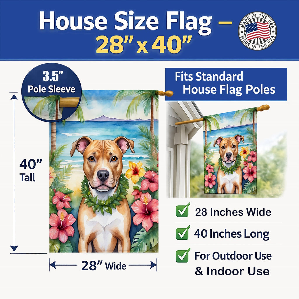 Pit Bull Terrier Luau House Flag 28x40 Porch Sleeve Pole Decorative Outside Yard Banner Artwork Wall Hanging, Polyester