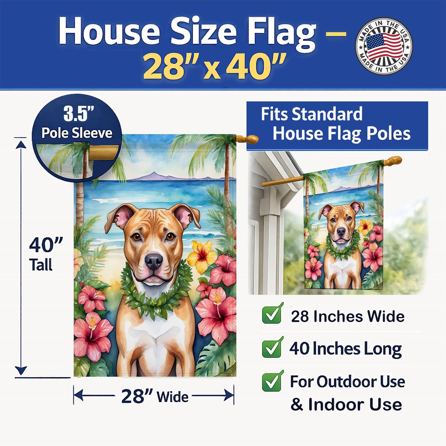 Pit Bull Terrier Luau House Flag 28x40 Porch Sleeve Pole Decorative Outside Yard Banner Artwork Wall Hanging, Polyester