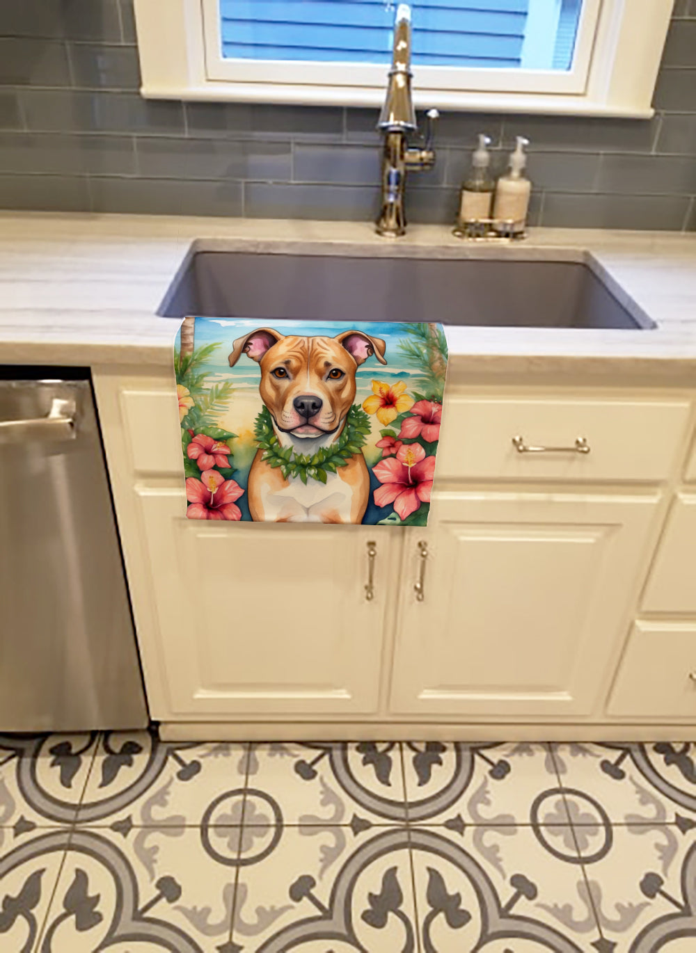 Pit Bull Terrier Luau Kitchen Towel Velour Plush Front and Cotton Loop Back Machine Washable
