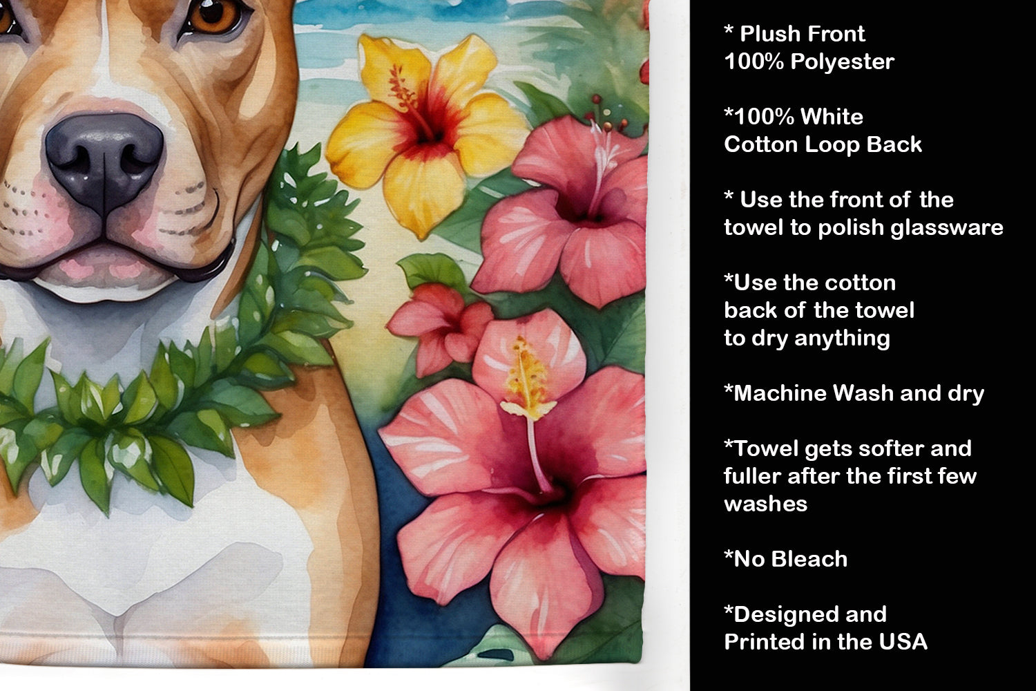 Pit Bull Terrier Luau Kitchen Towel Velour Plush Front and Cotton Loop Back Machine Washable