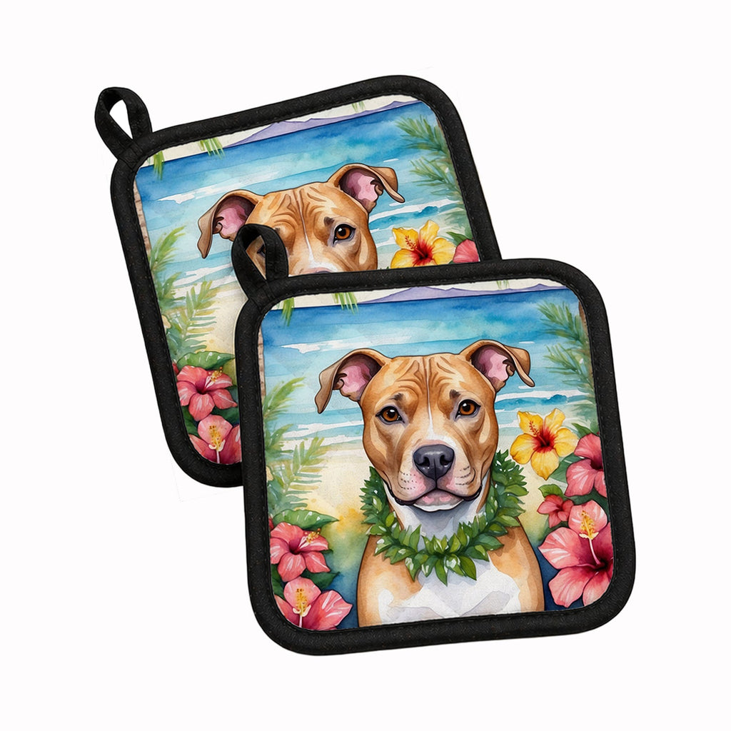 Pit Bull Terrier Luau Pot Holder Set of 2 Heat Resistant Quilted Hot Pads 7.5 x 7.5 Inch, Insulated Kitchen Trivets for Cooking & Baking