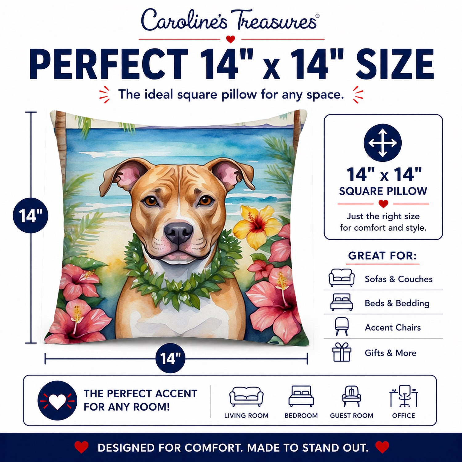 Pit Bull Terrier Luau Decorative Throw Pillow 14x14 Indoor Outdoor Accent Cushion, Fabric Cover with Insert for Sofa, Bed, Porch & Living Room