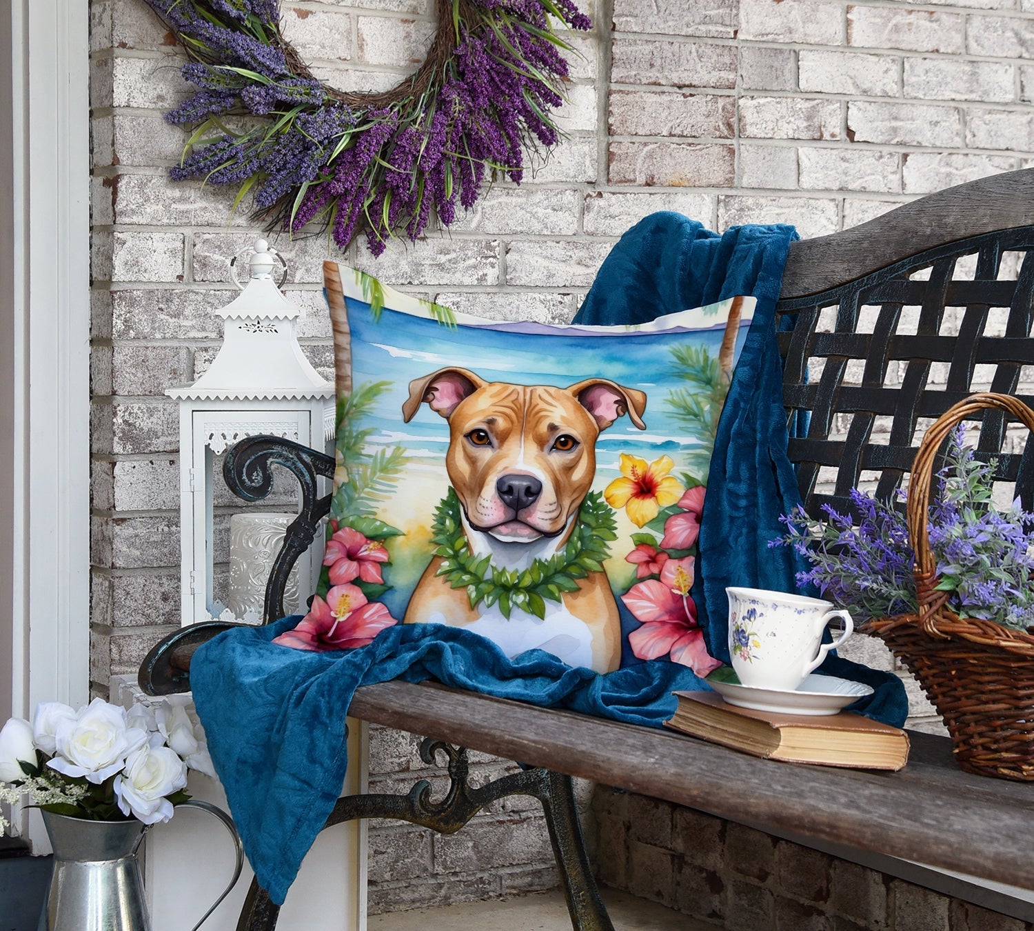 Pit Bull Terrier Luau Decorative Throw Pillow 18x18 Indoor Outdoor Accent Cushion, Fabric Cover with Insert for Sofa, Bed, Porch & Living Room