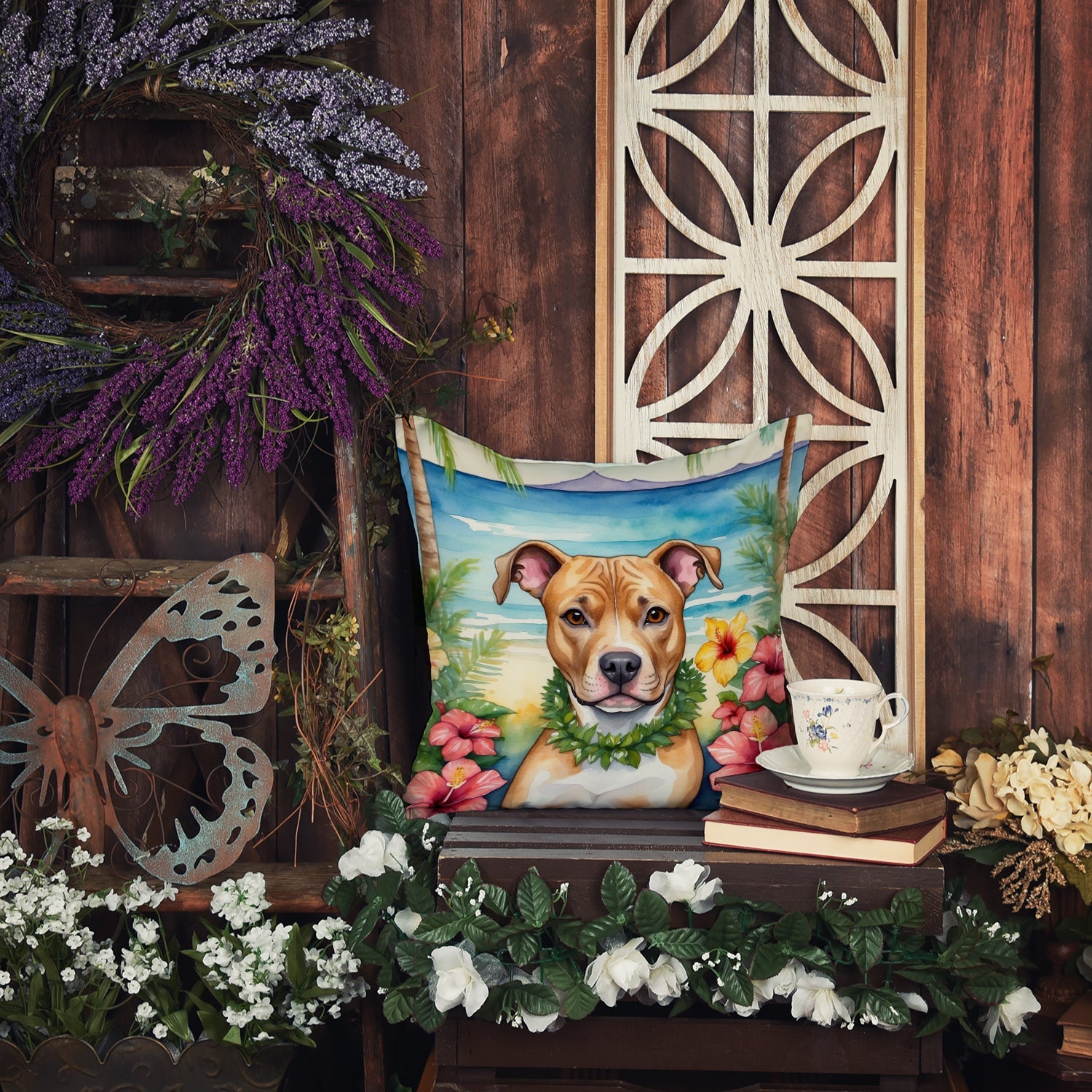Pit Bull Terrier Luau Decorative Throw Pillow 18x18 Indoor Outdoor Accent Cushion, Fabric Cover with Insert for Sofa, Bed, Porch & Living Room
