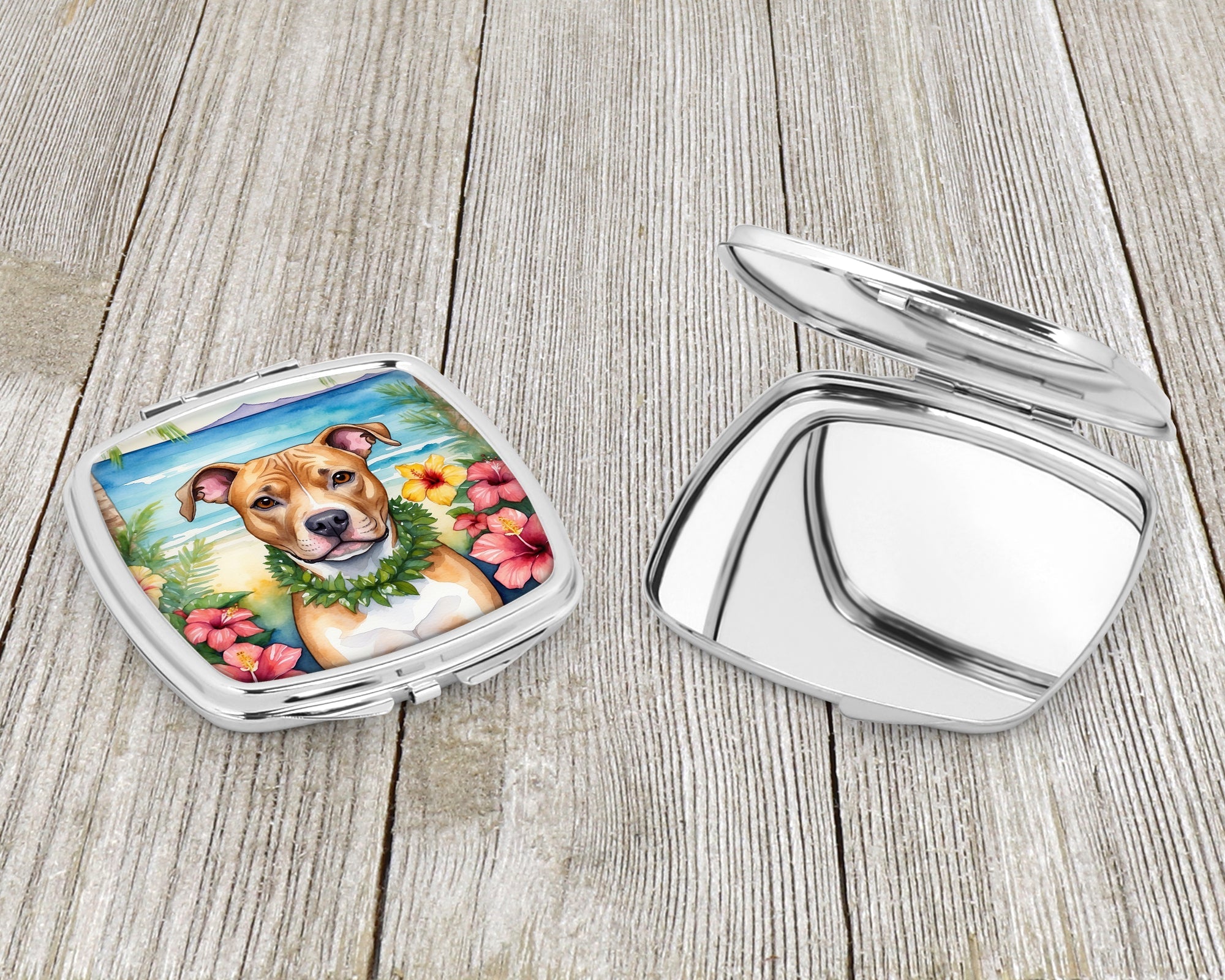 Pit Bull Terrier Luau Compact Mirror Decorative Travel Makeup Mirror for Women Girls Gifts Pocket Makeup Mirror Folding Handheld