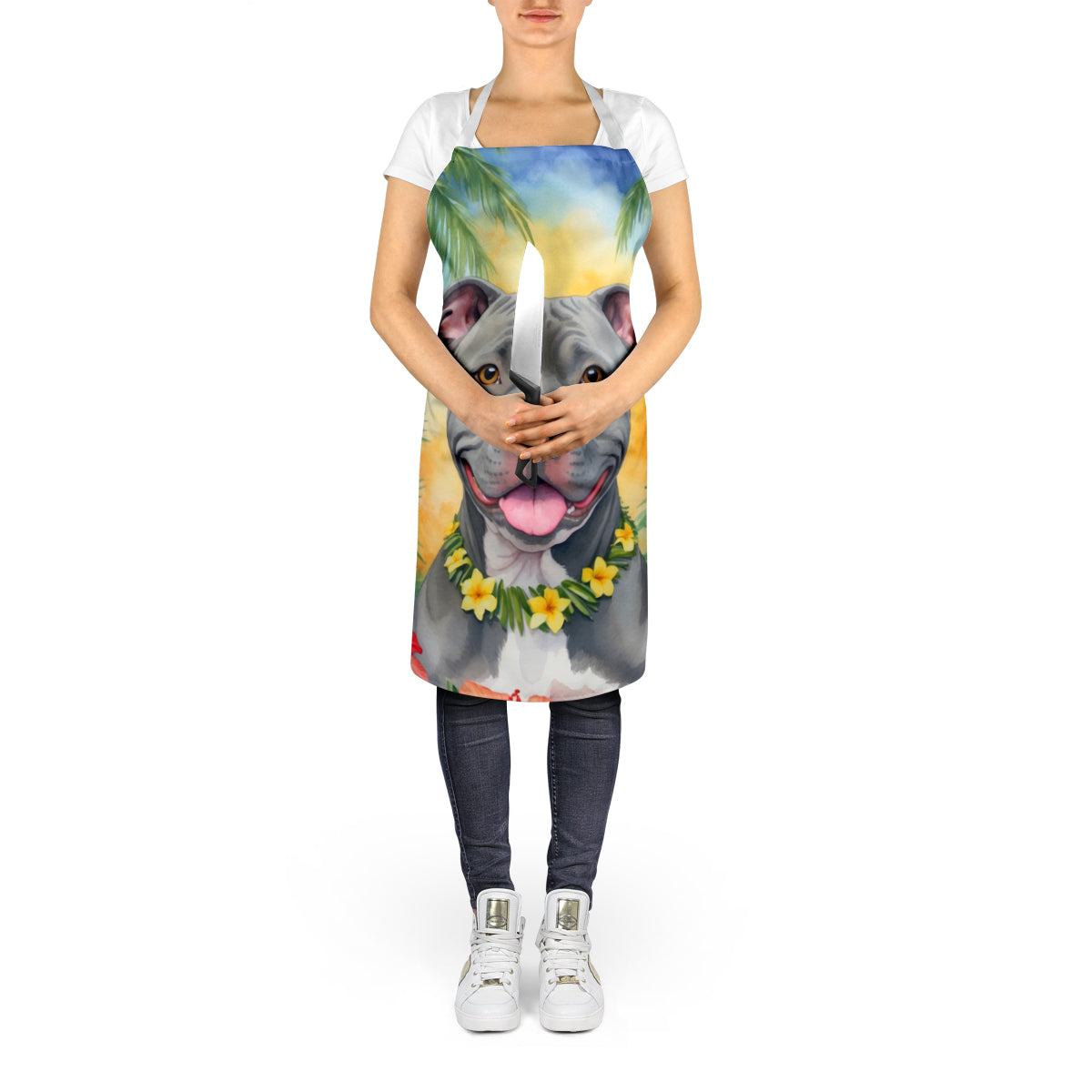Pit Bull Terrier Luau Apron Cooking Kitchen Server Baking Crafts Gardening for Adult Women Men, Unisex, Large, Multicolor