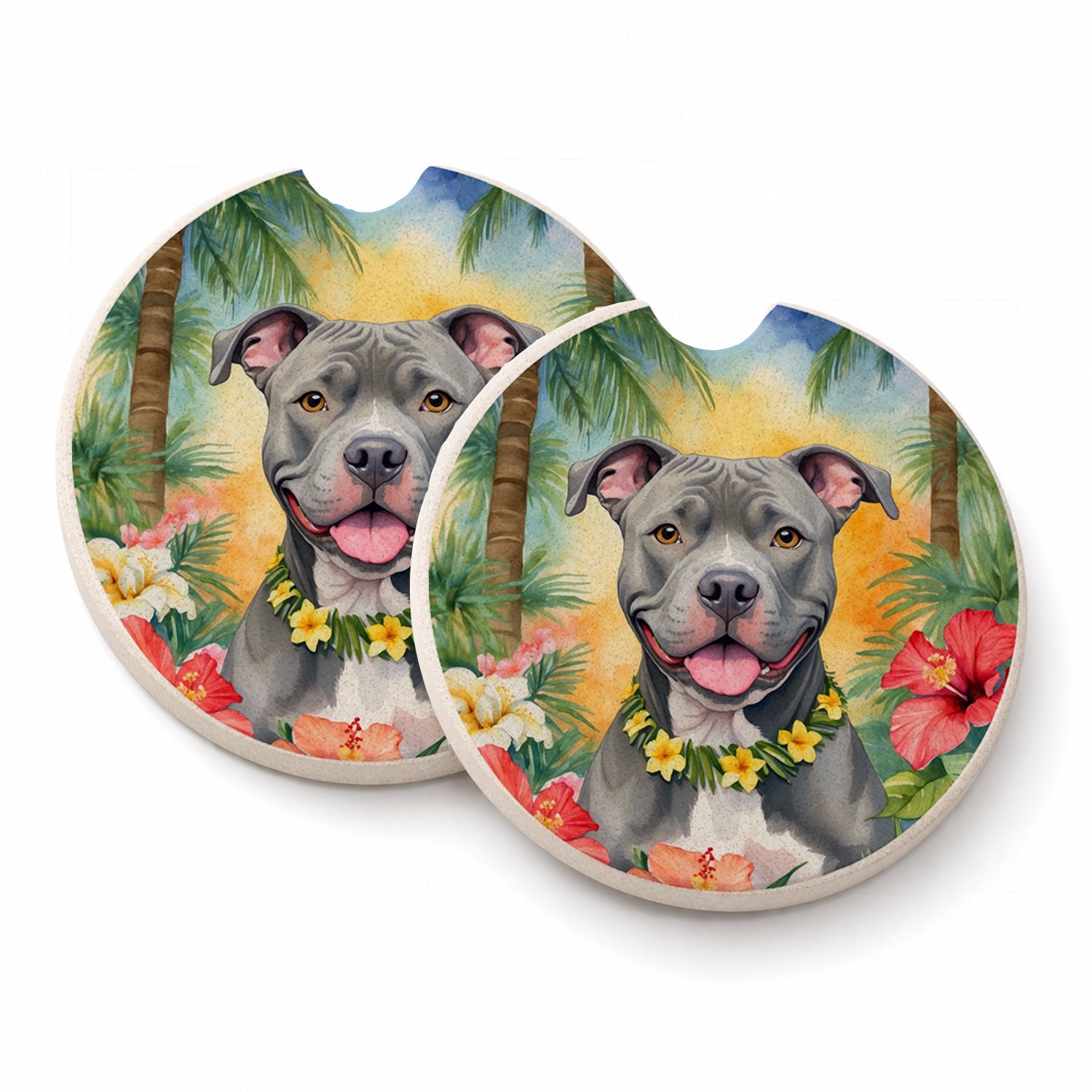 Pit Bull Terrier Luau Set of 2 Cup Holder Car Coasters Absorbent Round Sandstone Coasters Gifts for Men or Women, 2.5, Multicolor