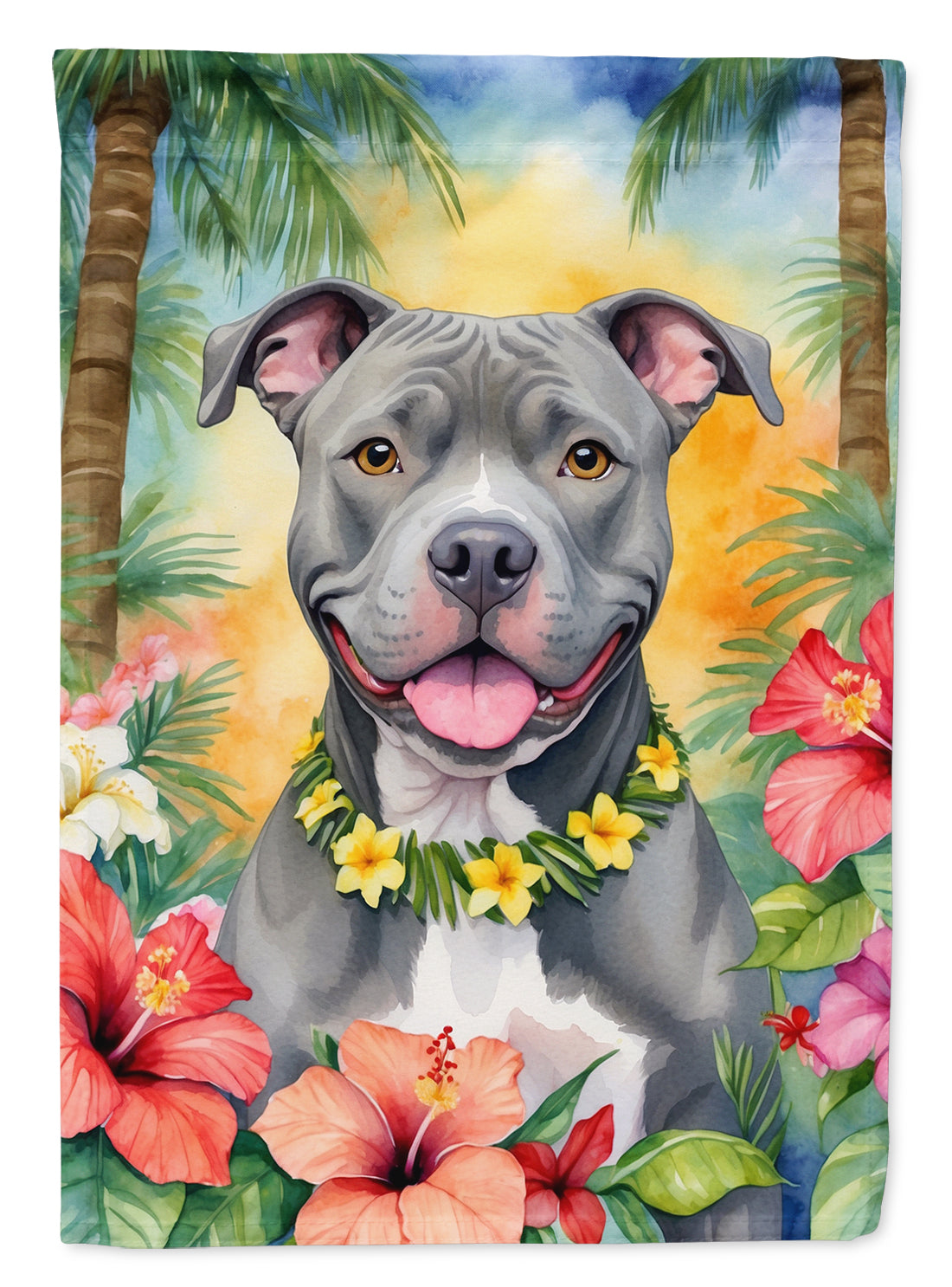 Pit Bull Terrier Luau House Flag 28x40 Porch Sleeve Pole Decorative Outside Yard Banner Artwork Wall Hanging, Polyester