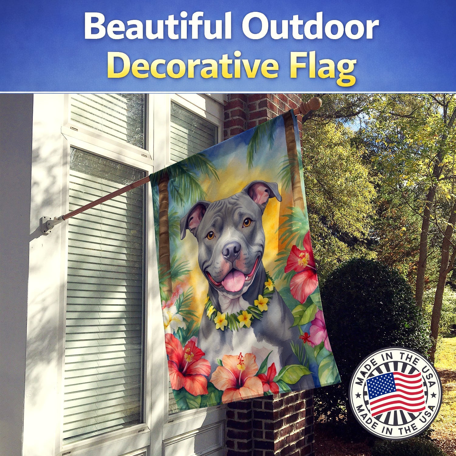 Pit Bull Terrier Luau House Flag 28x40 Porch Sleeve Pole Decorative Outside Yard Banner Artwork Wall Hanging, Polyester